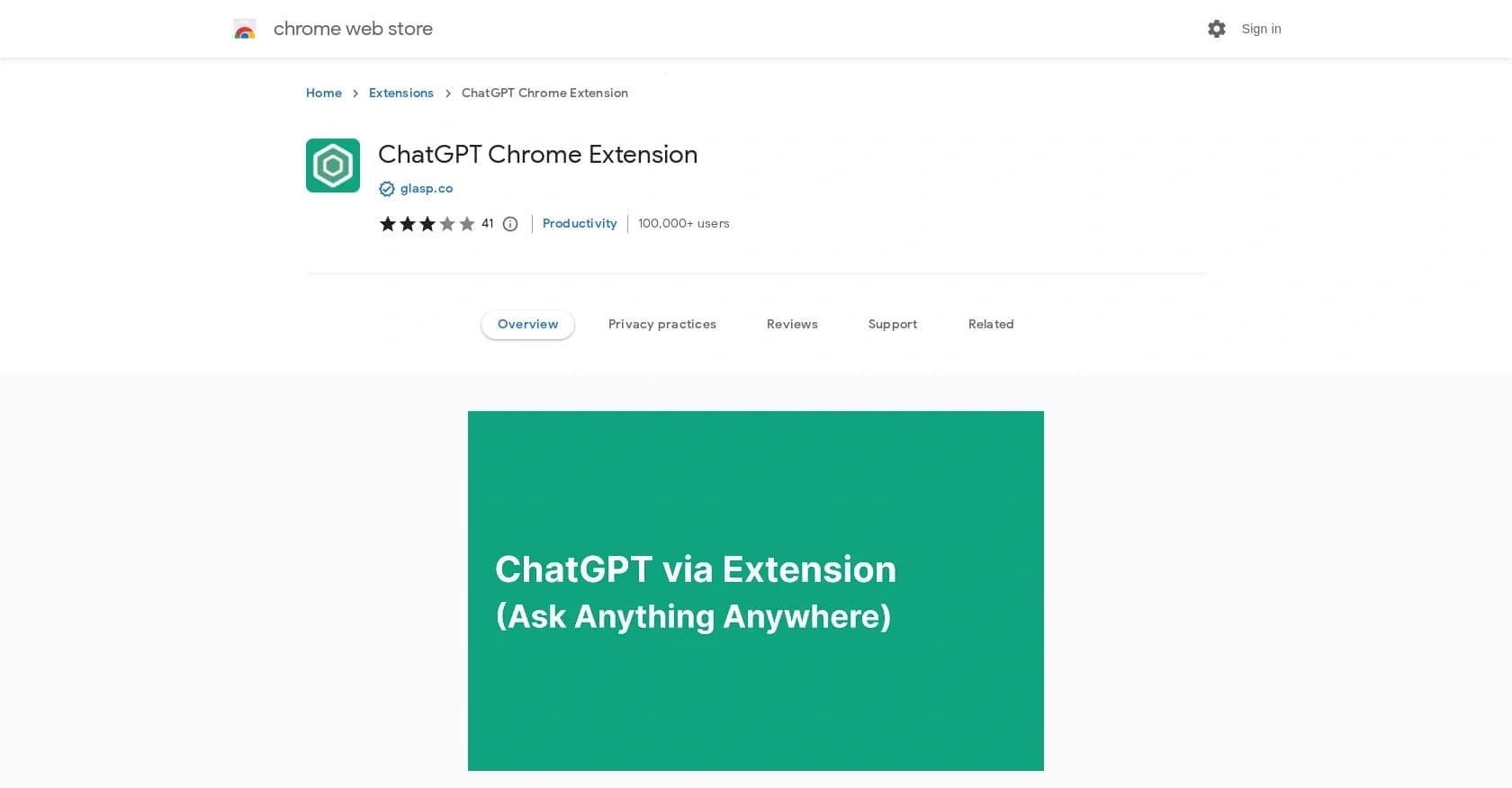 ChatGPT Chrome Extension homepage screenshot — Productivity enhancement via instant messaging.