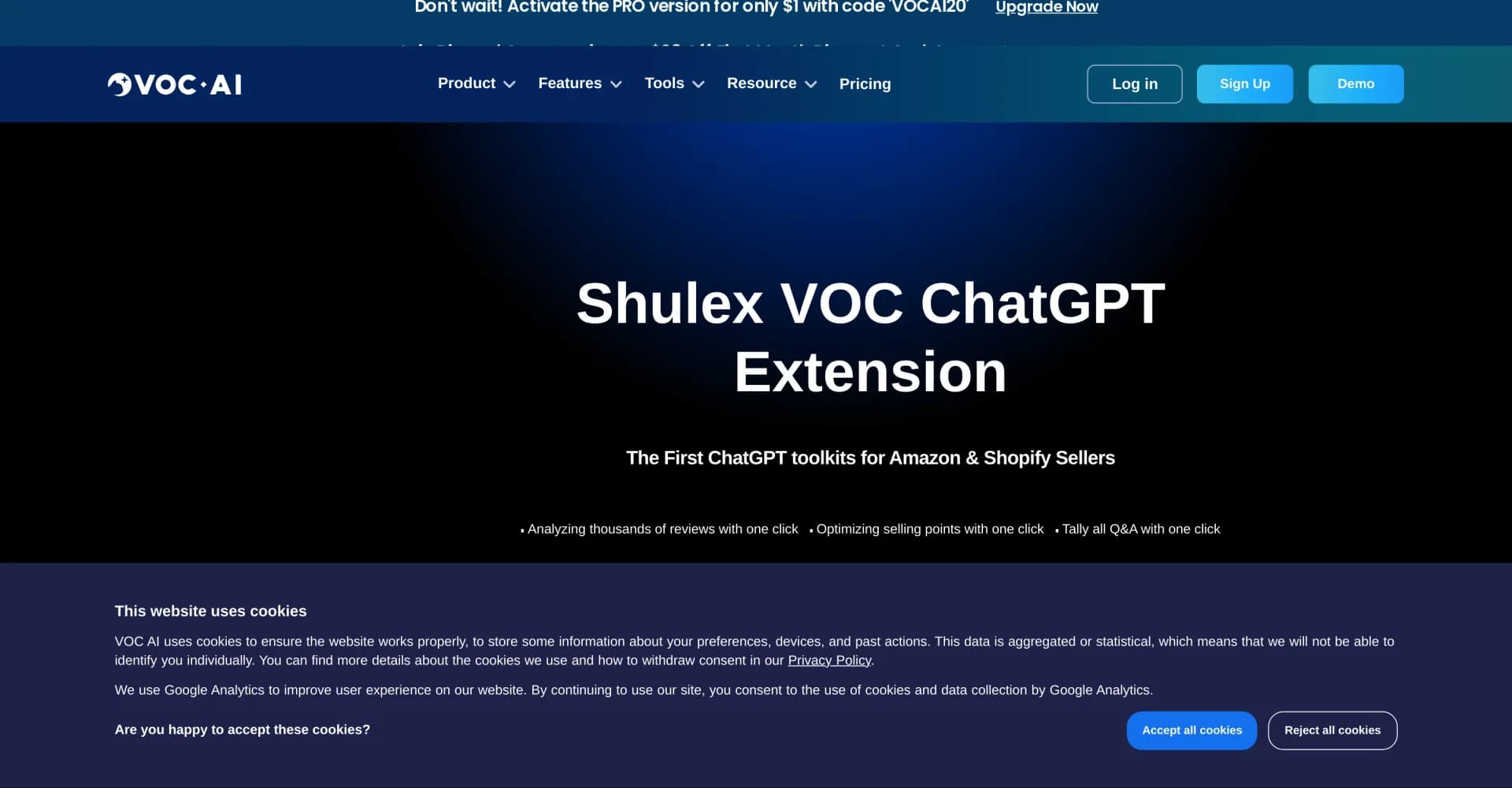ChatGPT for Amazon homepage screenshot — AI-powered tools for Amazon sellers to analyze and optimize.
