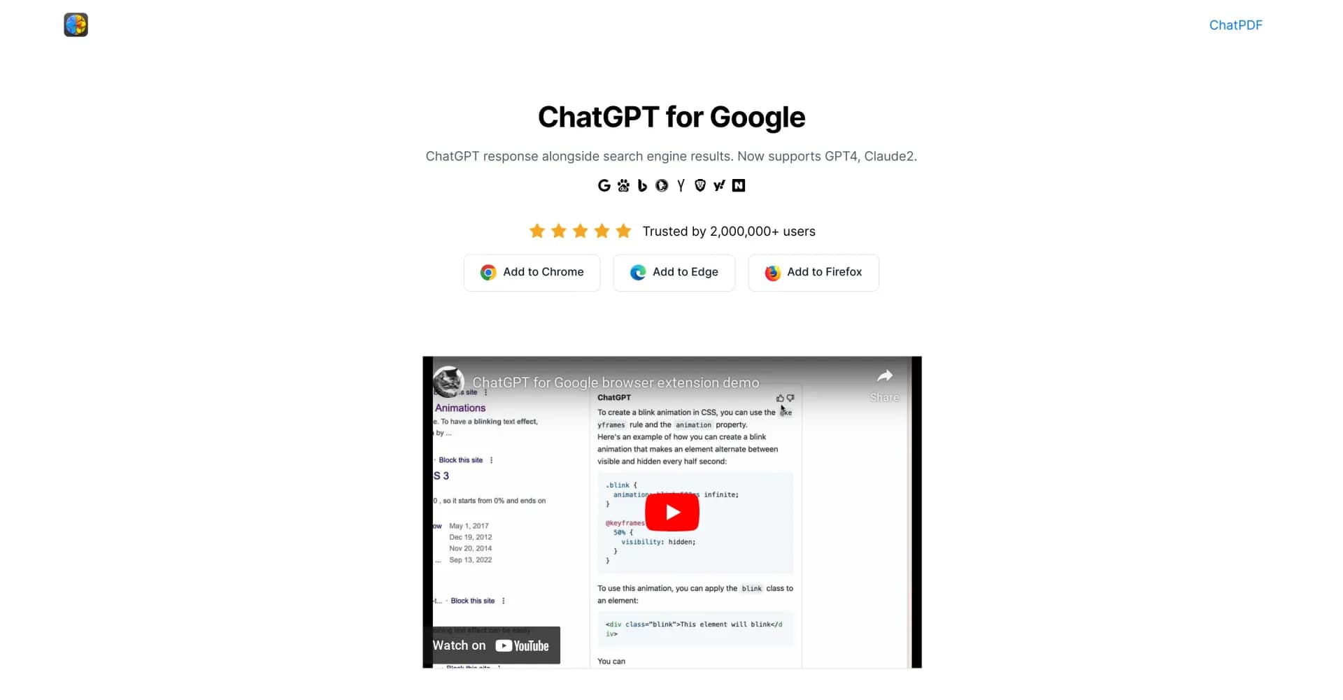 ChatGPT for Google homepage screenshot — Display AI responses alongside search results.