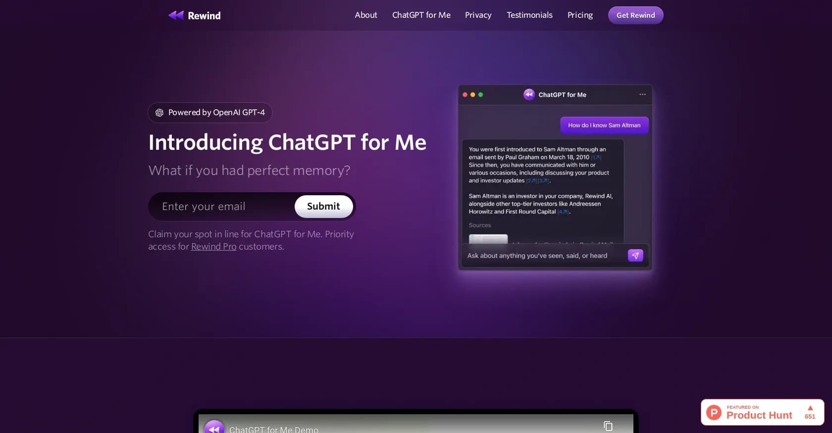 ChatGPT for Me homepage screenshot — Your personal AI copilot for memories
