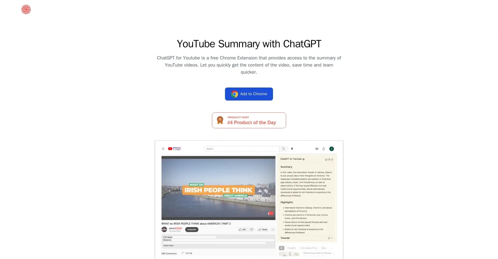 ChatGPT for YouTube homepage screenshot — Summarize YouTube videos instantly with AI.