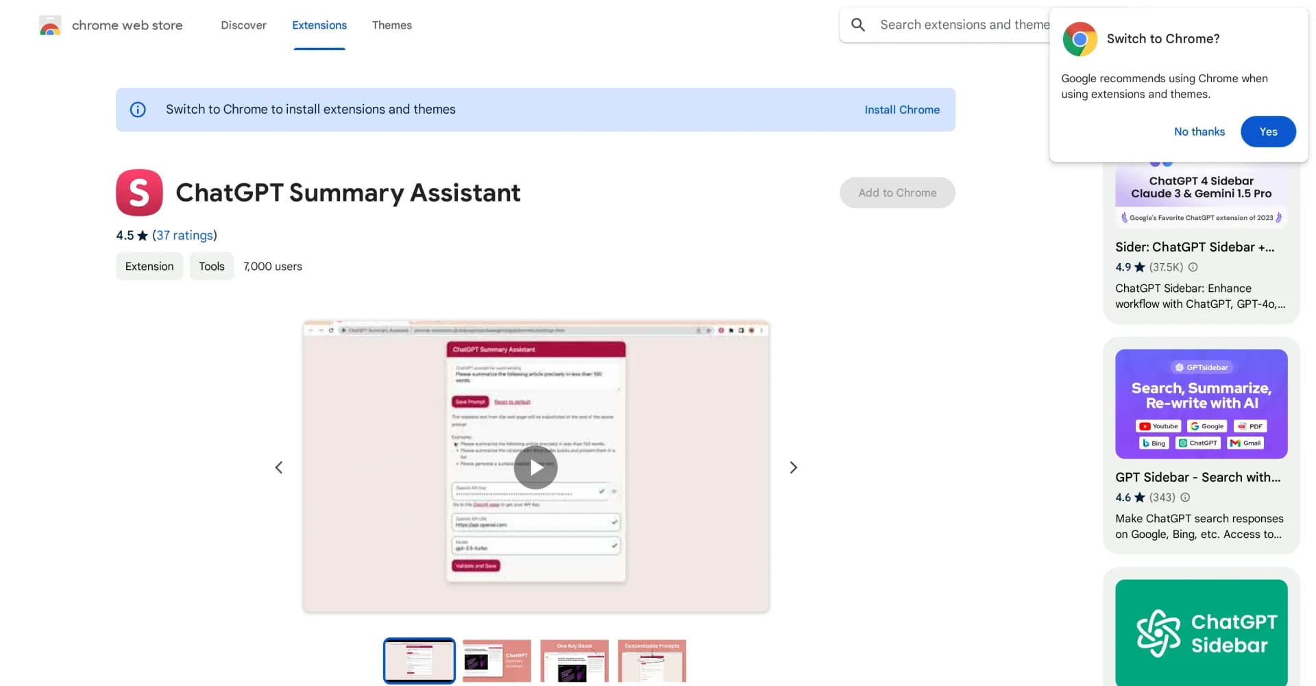 ChatGPT Summary Assistant homepage screenshot — Use ChatGPT to summarize any web page.