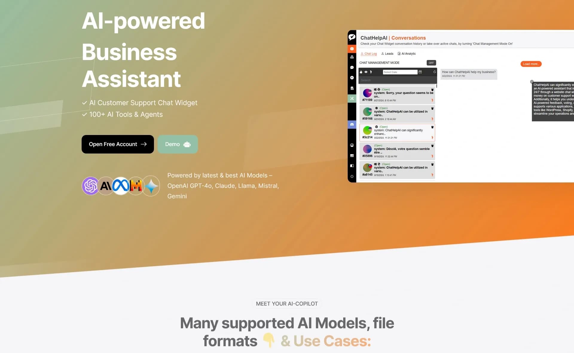 ChatHelp.ai homepage screenshot — 'AI-powered Business, Work & Study Assistant' + AI Customer 