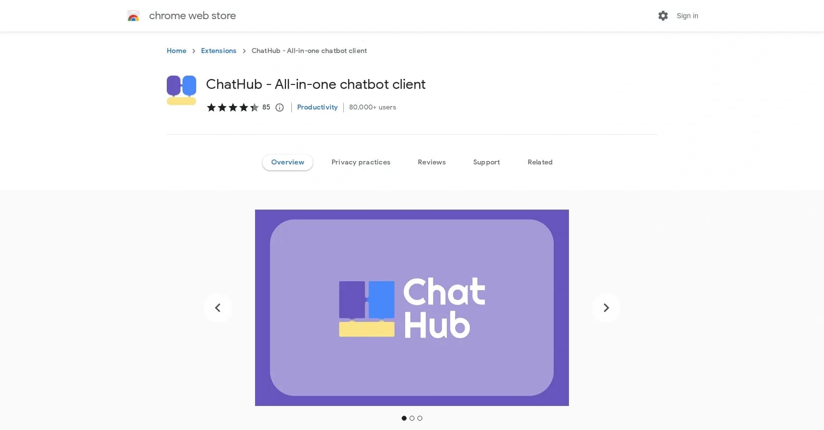 ChatHub homepage screenshot — Chatbot client with libraries and multi-bot support.