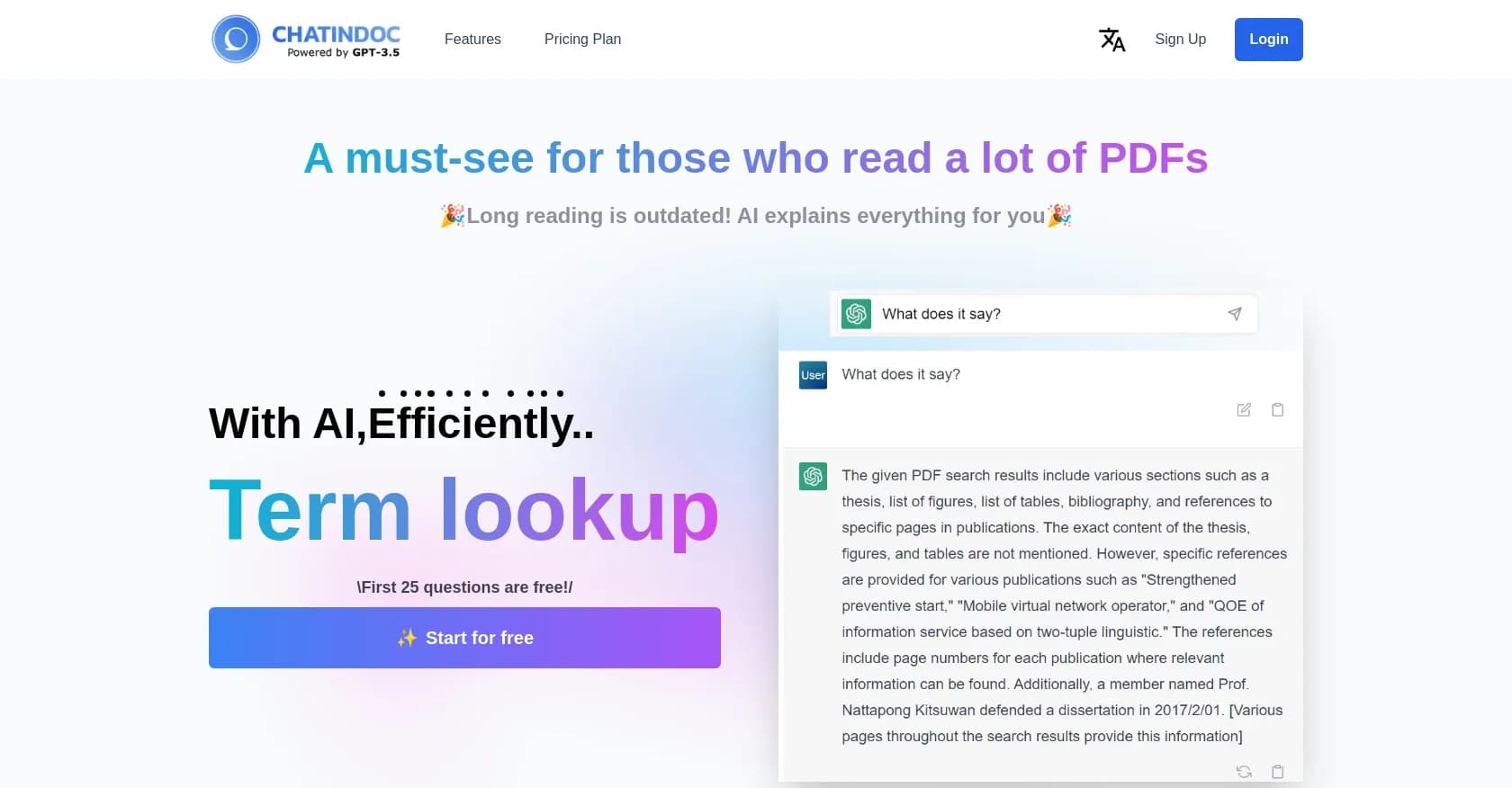 ChatInDoc homepage screenshot — AI-powered PDF viewer for faster comprehension