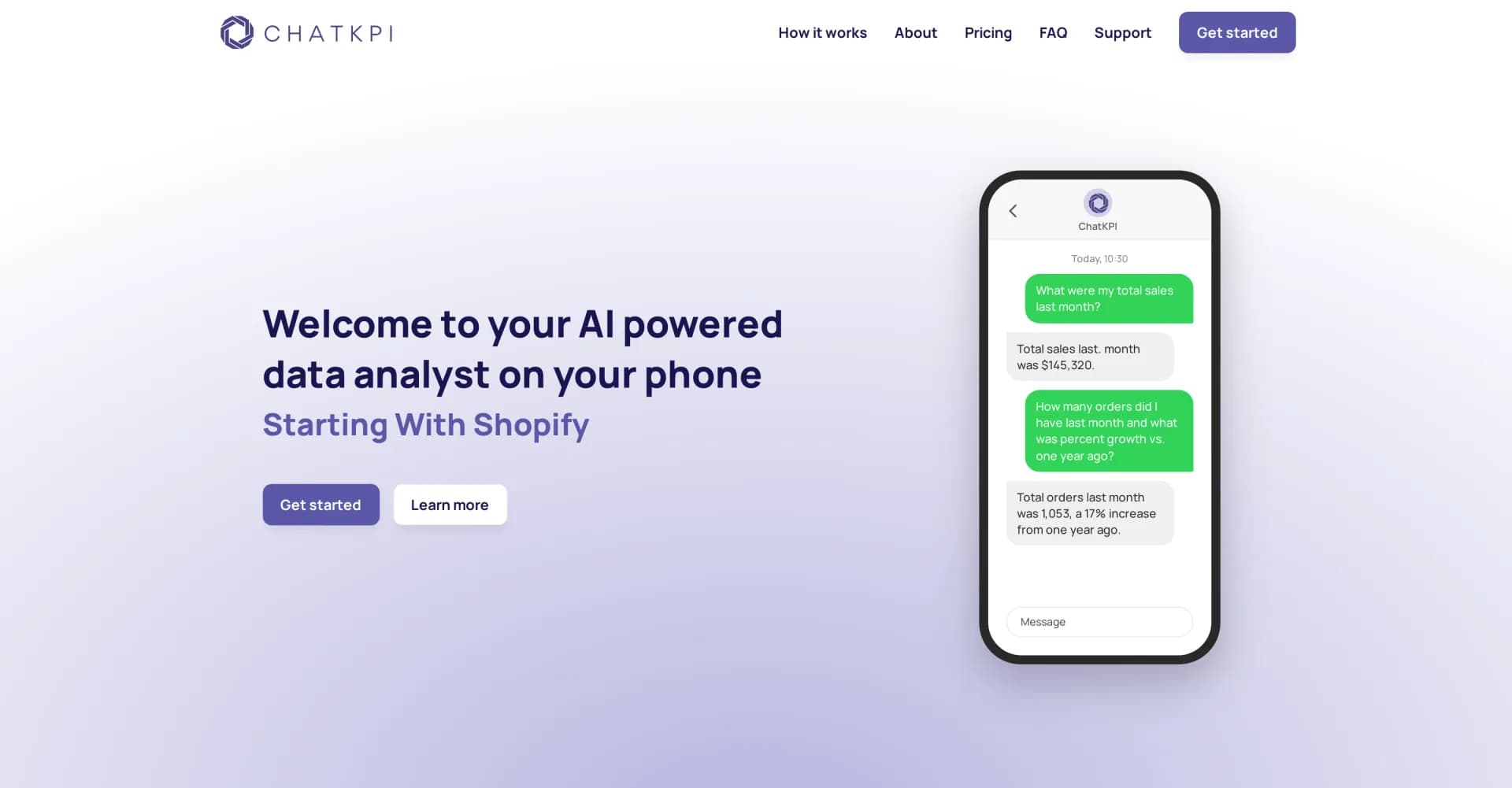ChatKPI homepage screenshot — AI-Powered data analyst on your phone starting with Shopify