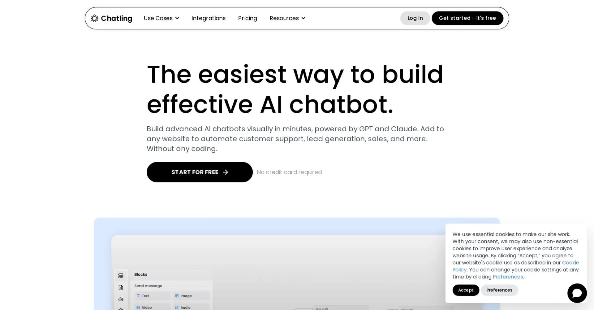 Chatling homepage screenshot — Create custom AI chatbots for your website