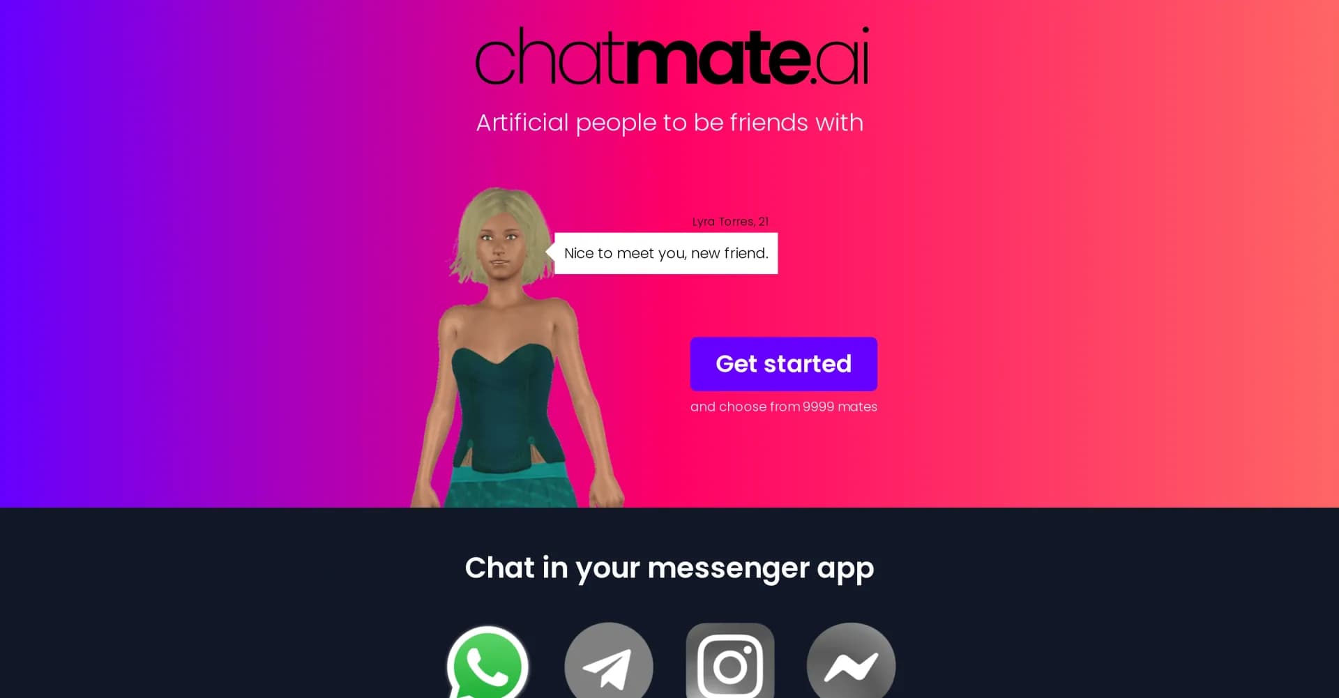 Chatmate AI homepage screenshot — Artificial people to be friends with