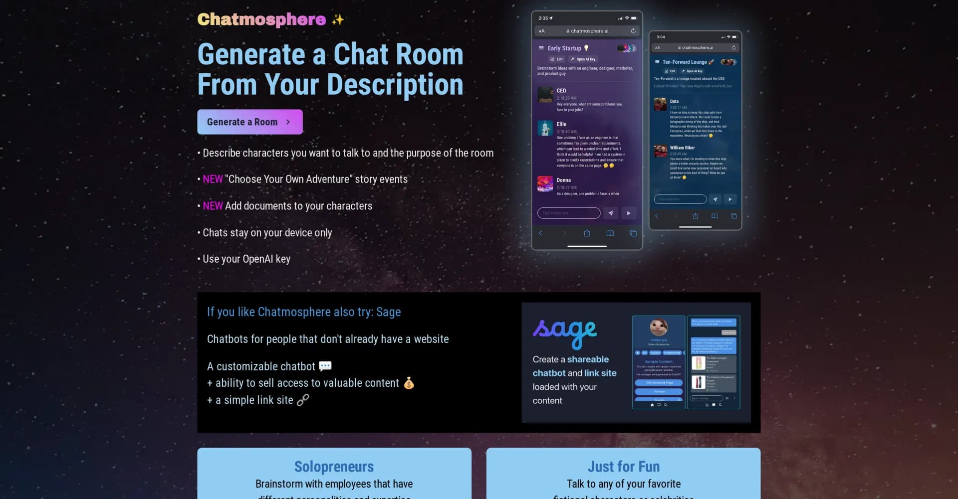 Chatmosphere homepage screenshot — Generate chat rooms from descriptions.