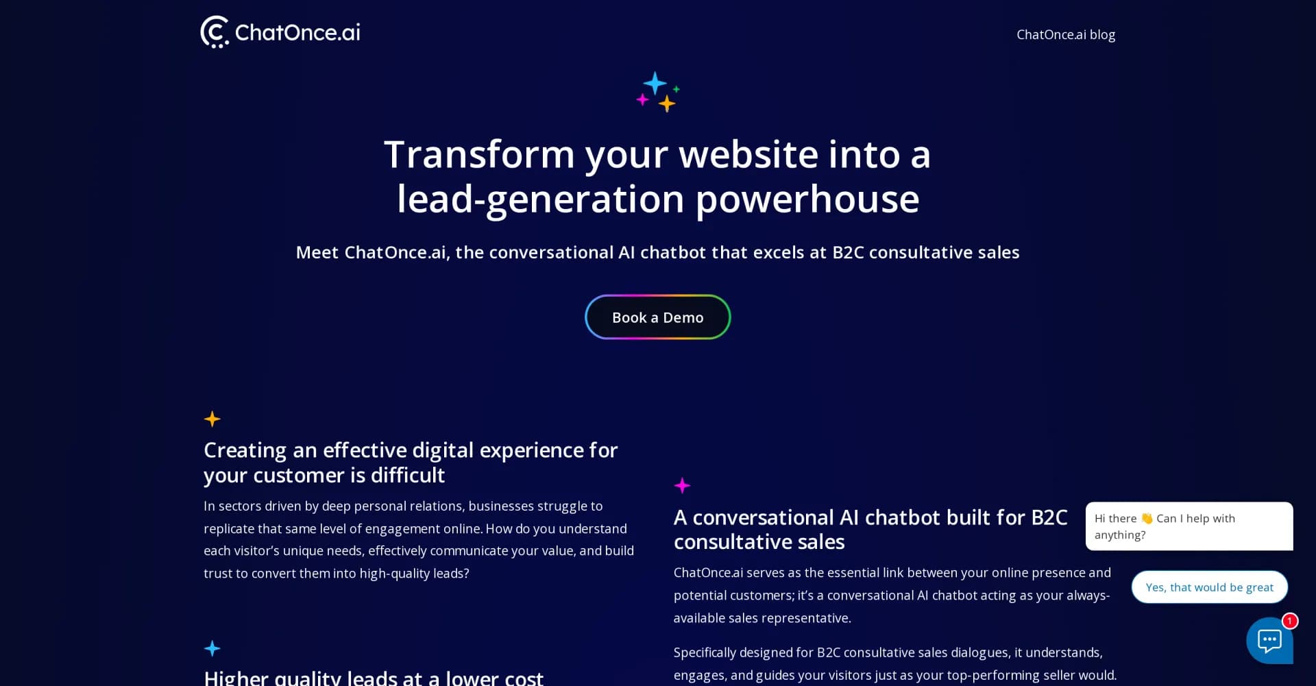 ChatOnce homepage screenshot — Transform your website into a lead-generation powerhouse.