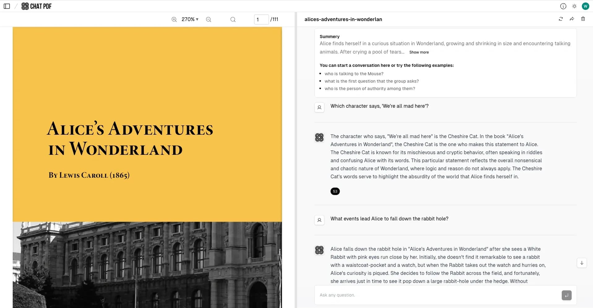 ChatPDF.ae homepage screenshot — Chat with any PDF, ask questions, summarize and extract insi