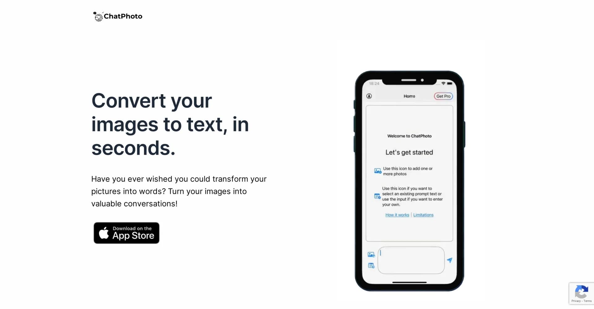 ChatPhoto homepage screenshot — Convert images to insightful conversations.