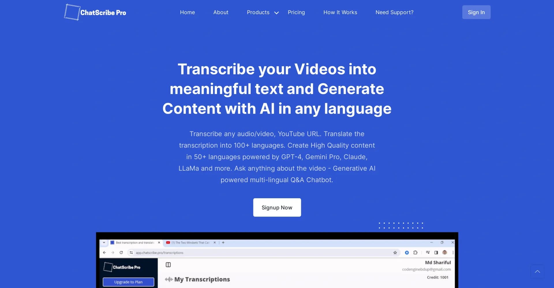 ChatScribe Pro homepage screenshot — Transform audio/video into multilingual content and AI-power