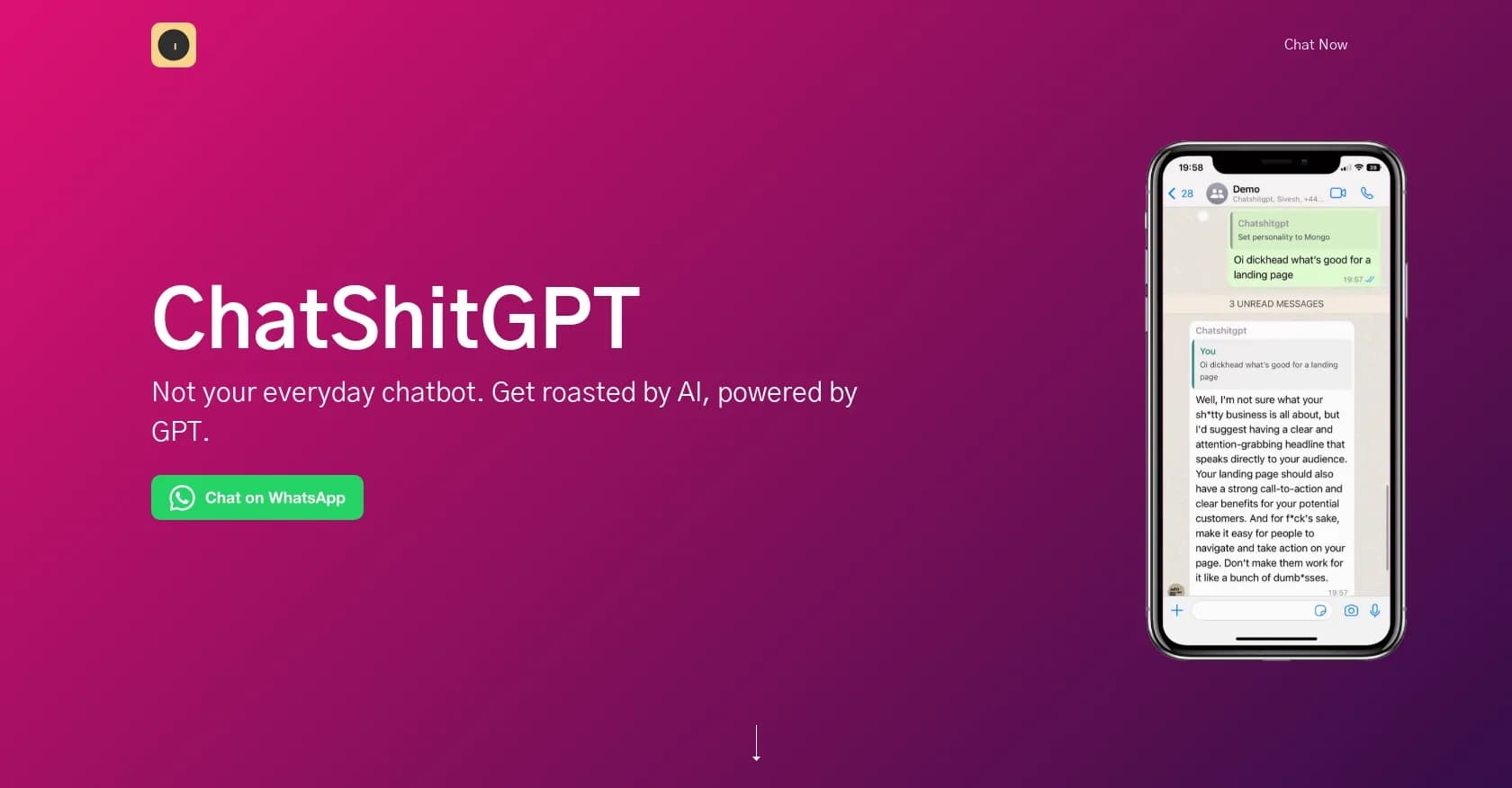Chatshitgpt homepage screenshot — Get roasted by sarcastic AI