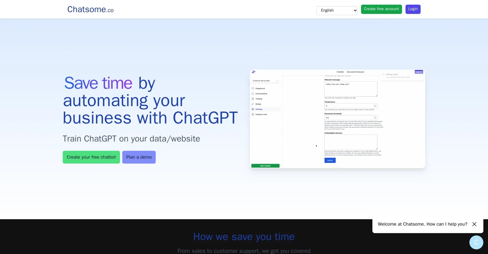 Chatsome homepage screenshot — Automate your business with ChatGPT
