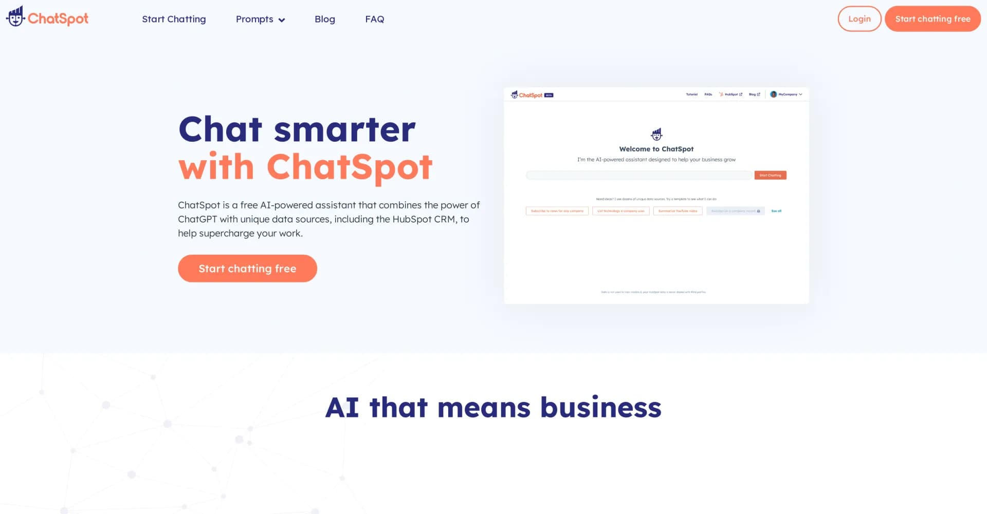 ChatSpot homepage screenshot — AI-powered assistant for smarter marketing and sales chat.