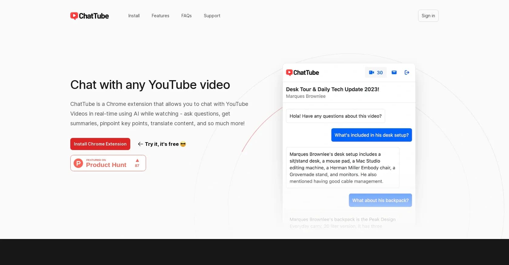 ChatTube homepage screenshot — Chat with YouTube videos while watching.