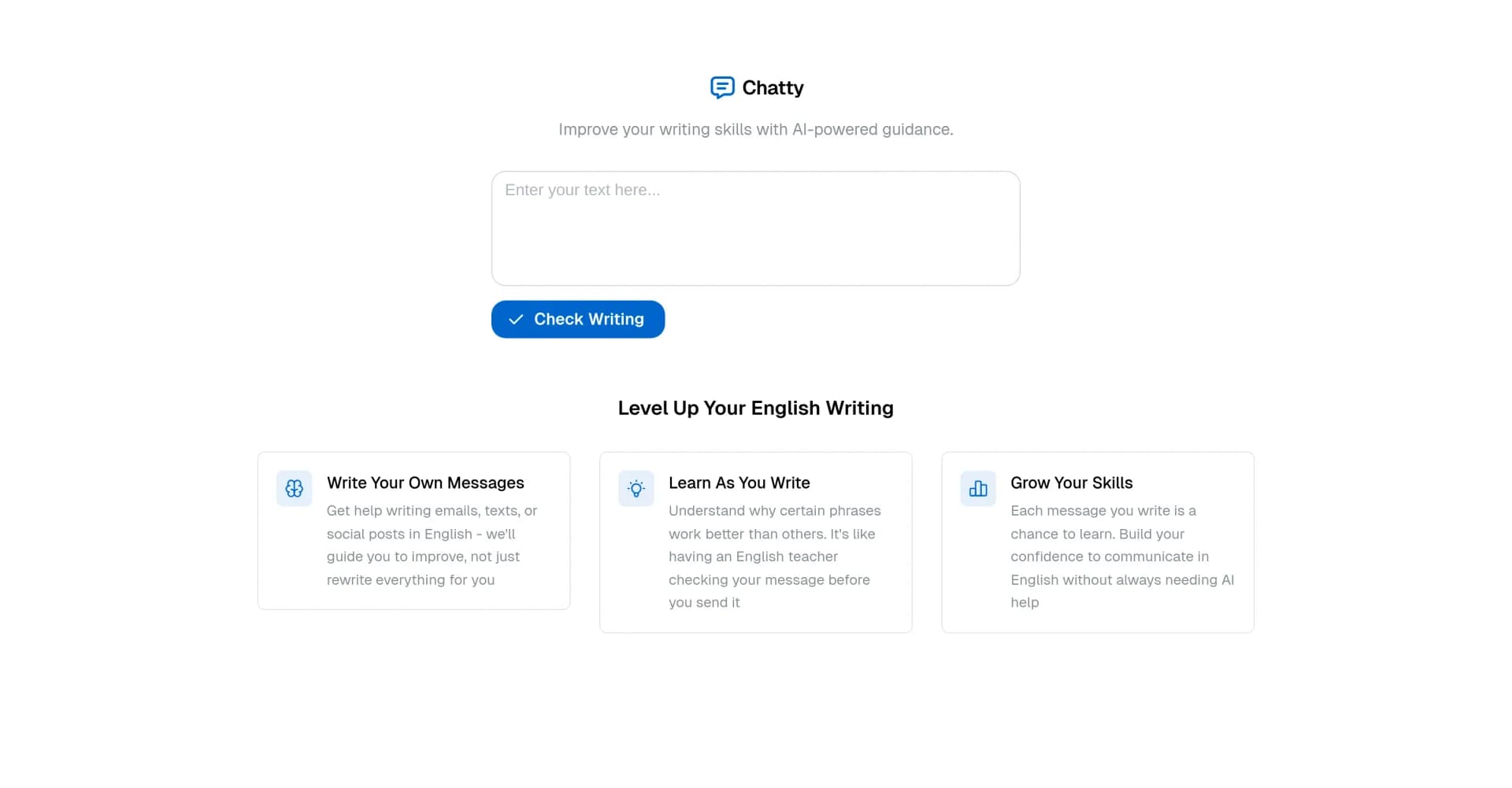 Chatty homepage screenshot — AI-powered English writing coach for daily communication