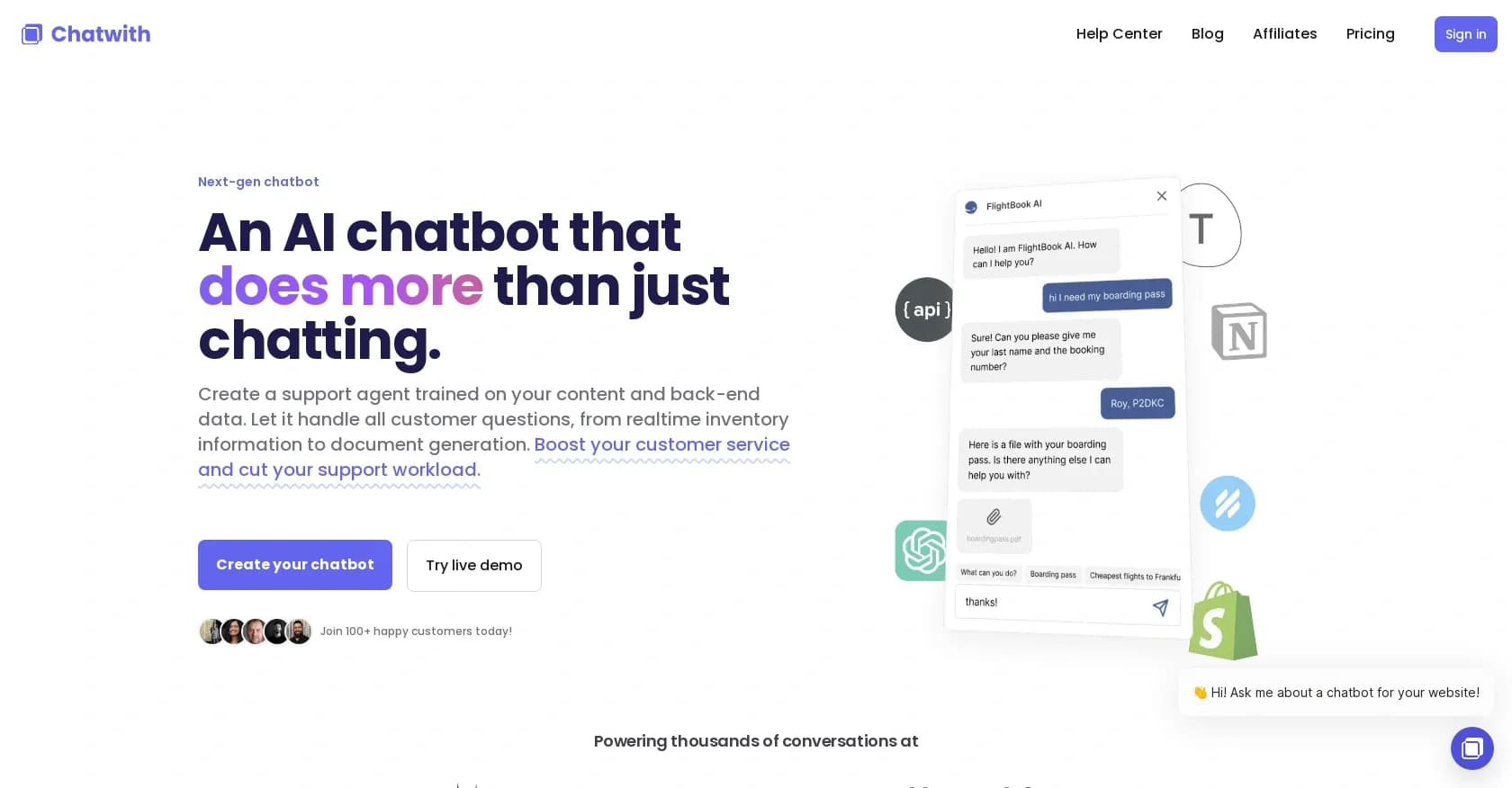 Chatwith homepage screenshot — AI chatbots powered by your live data and APIs