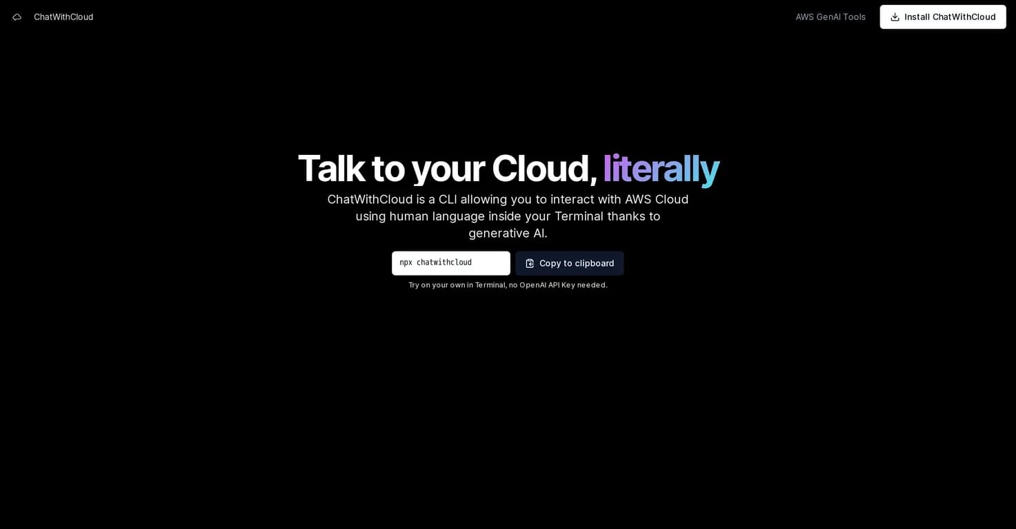 ChatWithCloud homepage screenshot — Talk to your AWS Cloud using natural language in Terminal