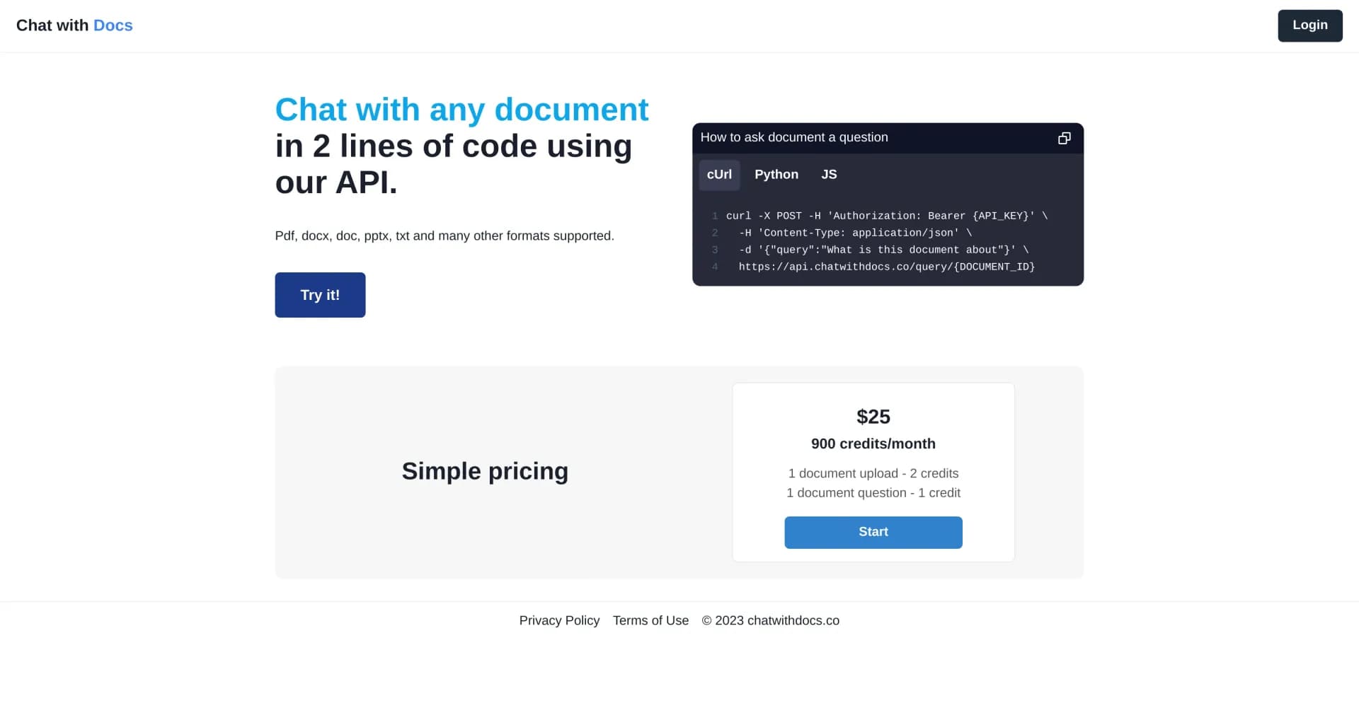 ChatWithDocs homepage screenshot — Chat with any document in seconds.