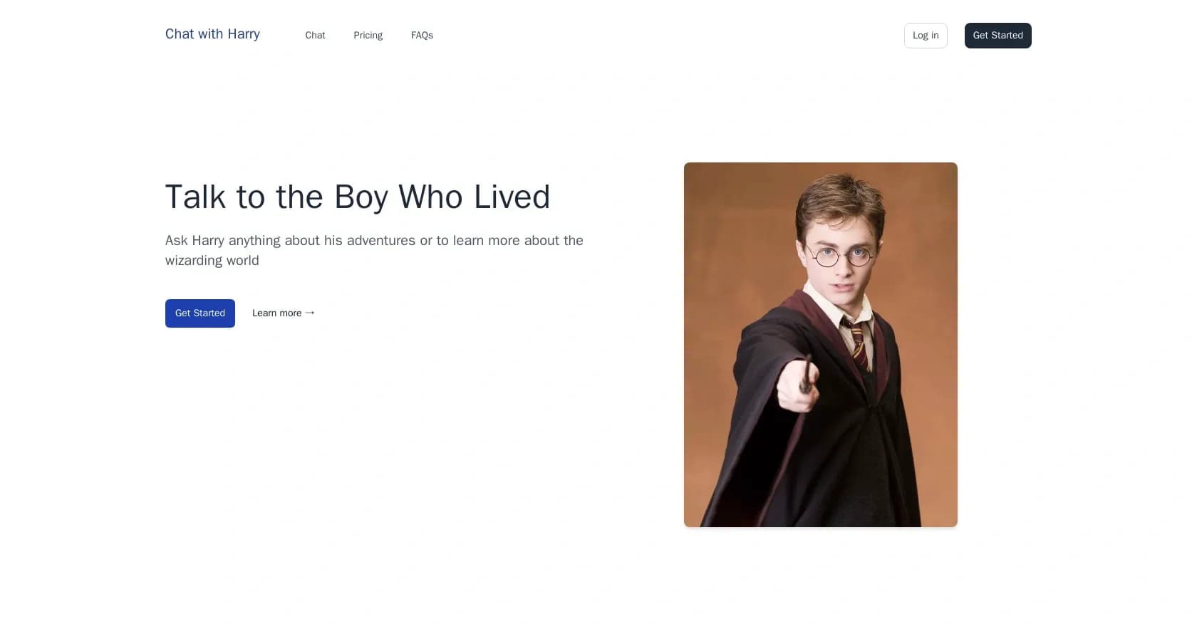 Chatwithfiction homepage screenshot — Chat with Harry Potter about his magical adventures