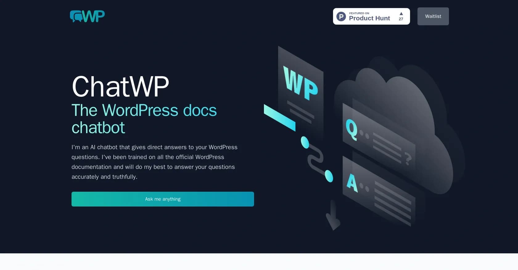 ChatWP homepage screenshot — Get direct answers to your WordPress questions.