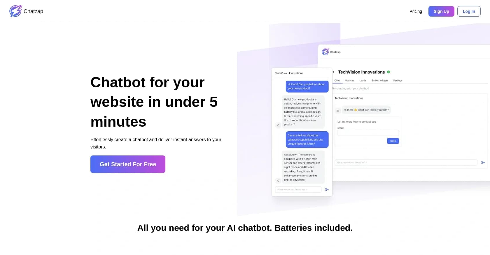 Chatzap homepage screenshot — Create a website chatbot in minutes for instant customer sup