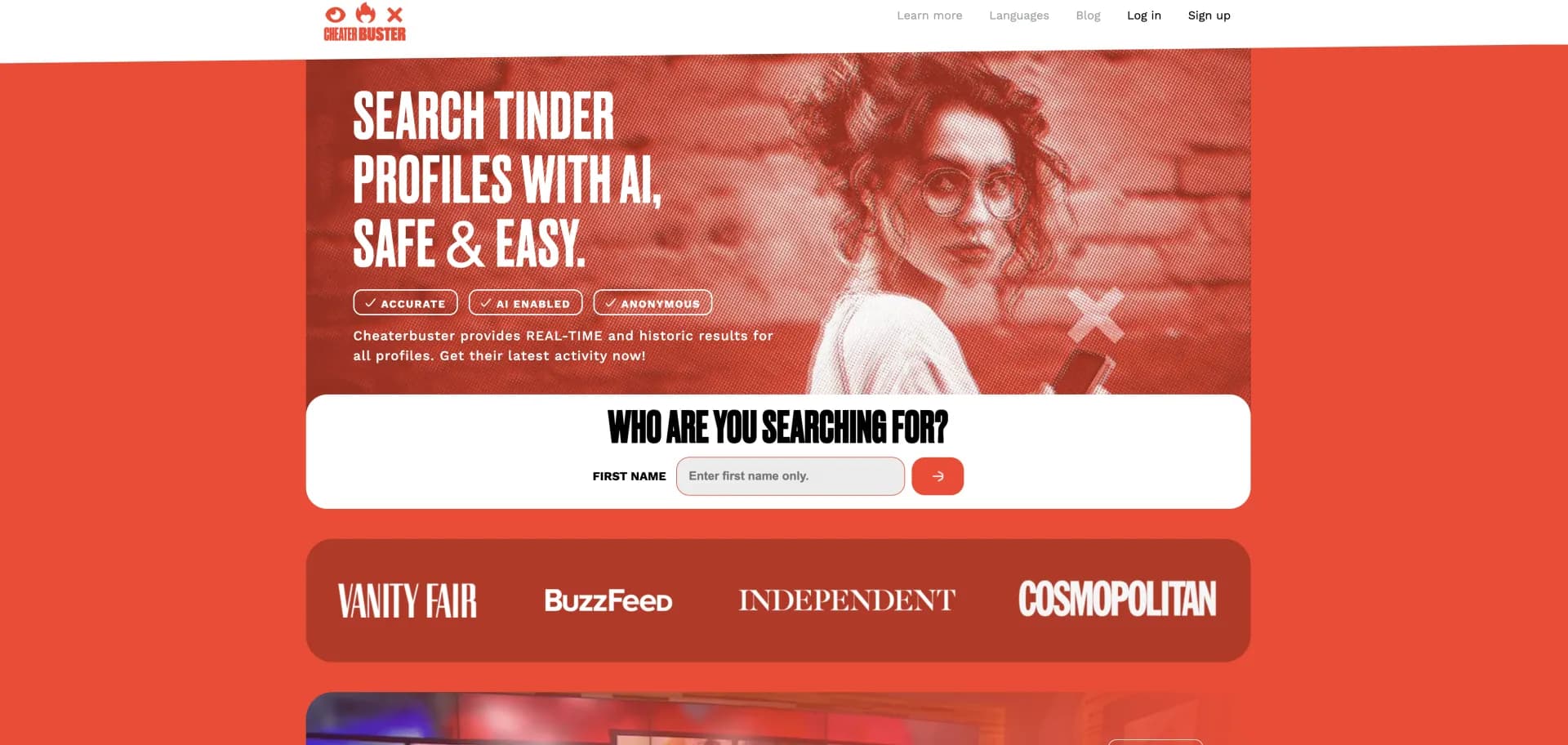 Cheaterbuster homepage screenshot — Find anyone on Tinder with AI-powered search.