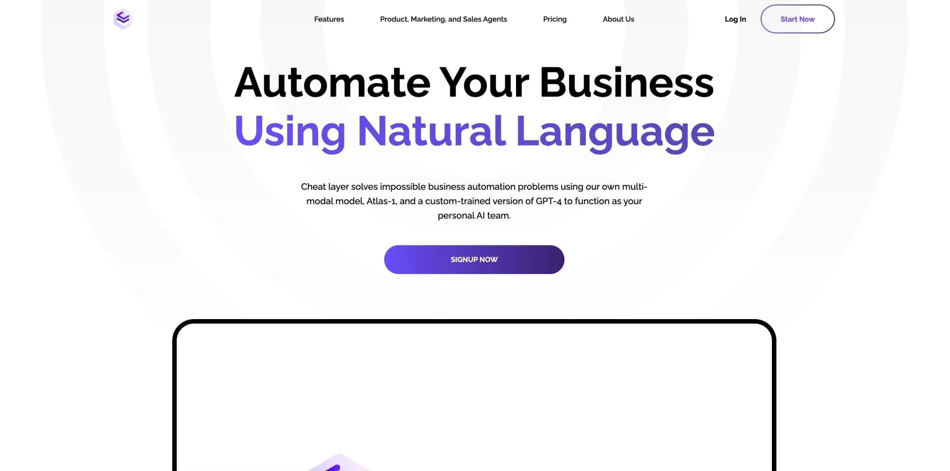Cheatlayer homepage screenshot — Automate your business with simple language commands.