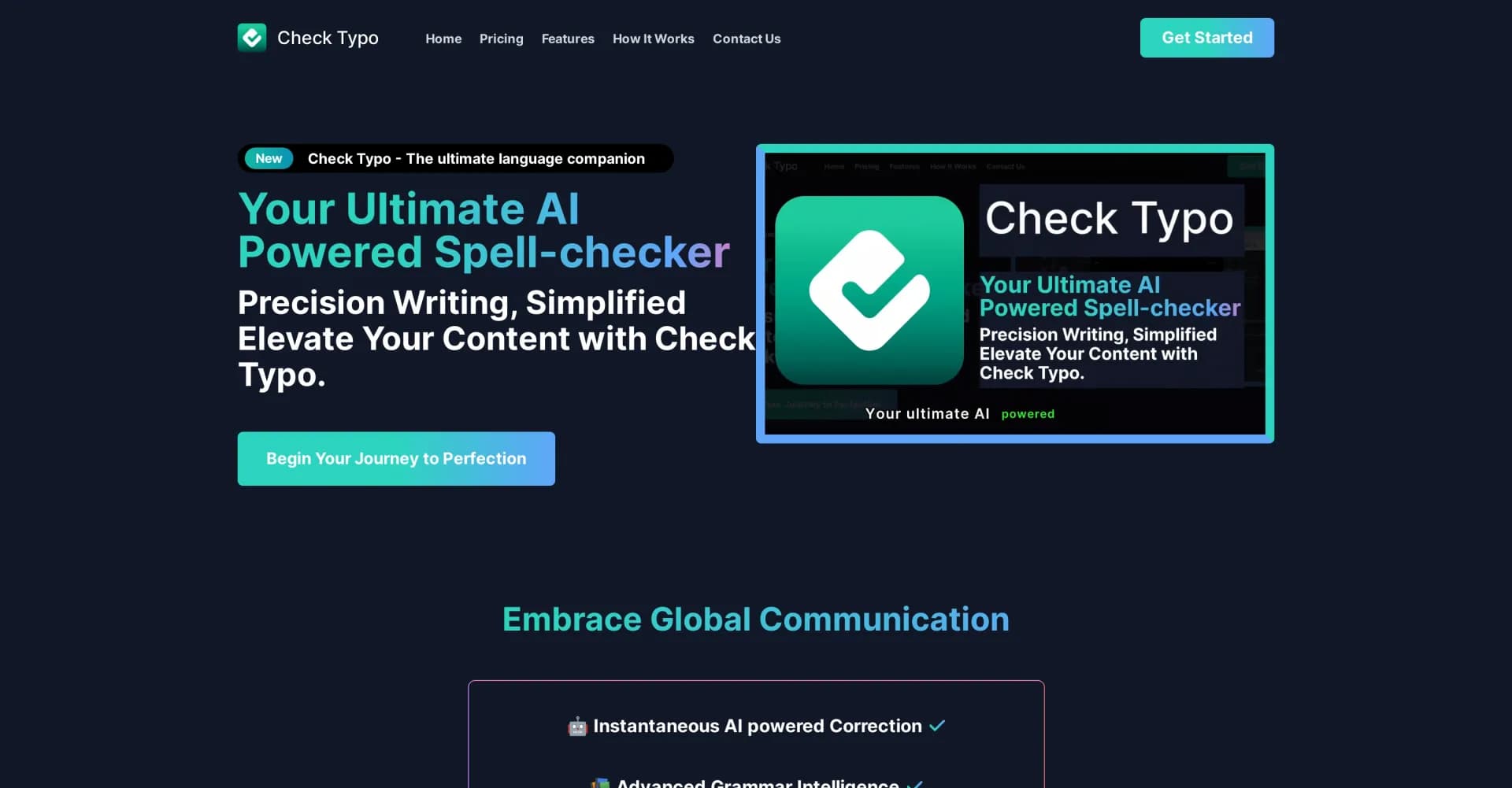 Check Typo homepage screenshot — AI-powered precision for flawless writing.