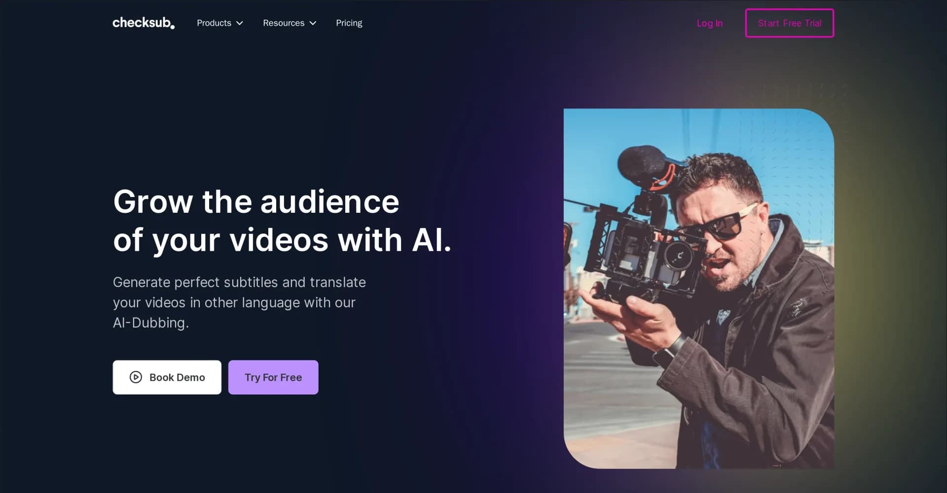 Checksub homepage screenshot — Localize videos with AI subtitles, translation, and dubbing.