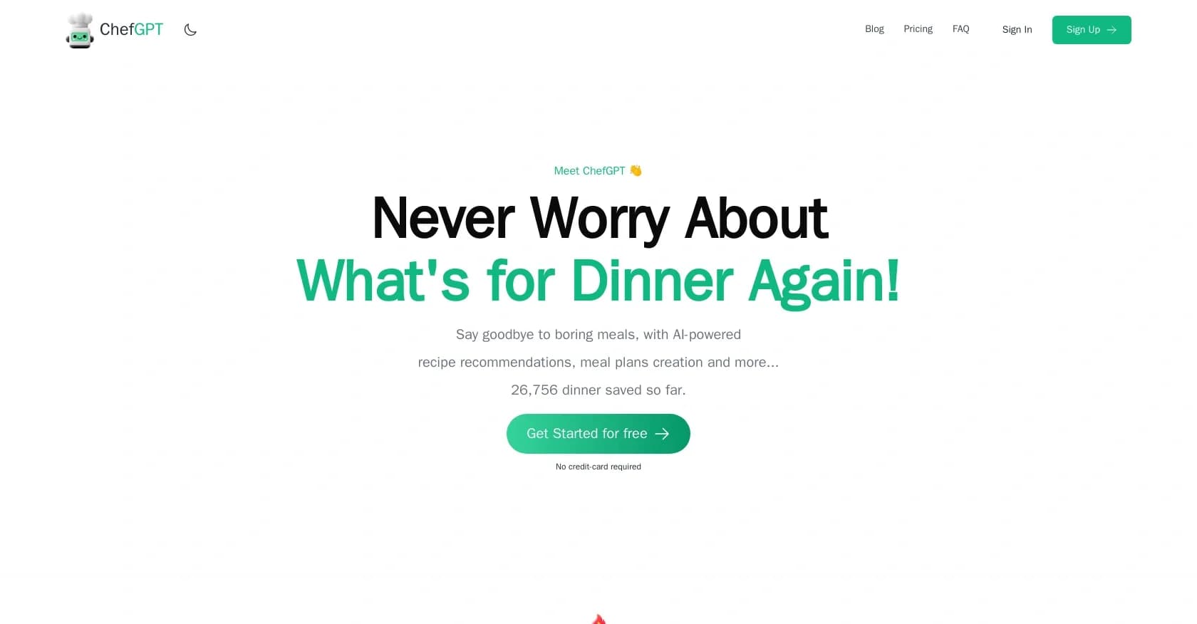ChefGPT homepage screenshot — AI-powered personal chef for effortless meal planning