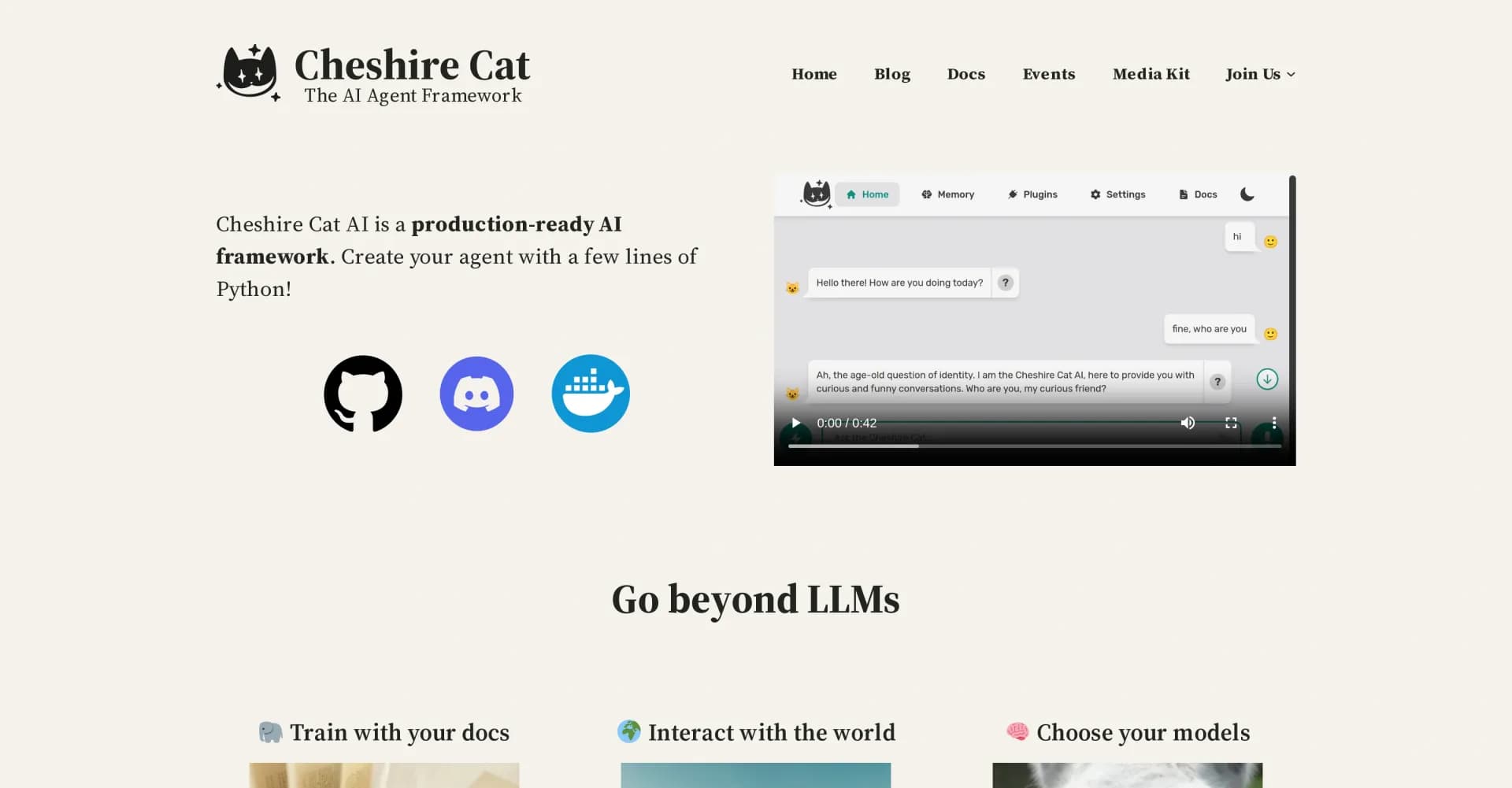 Cheshire Cat AI homepage screenshot — Build your AI agent with just a few lines of Python!