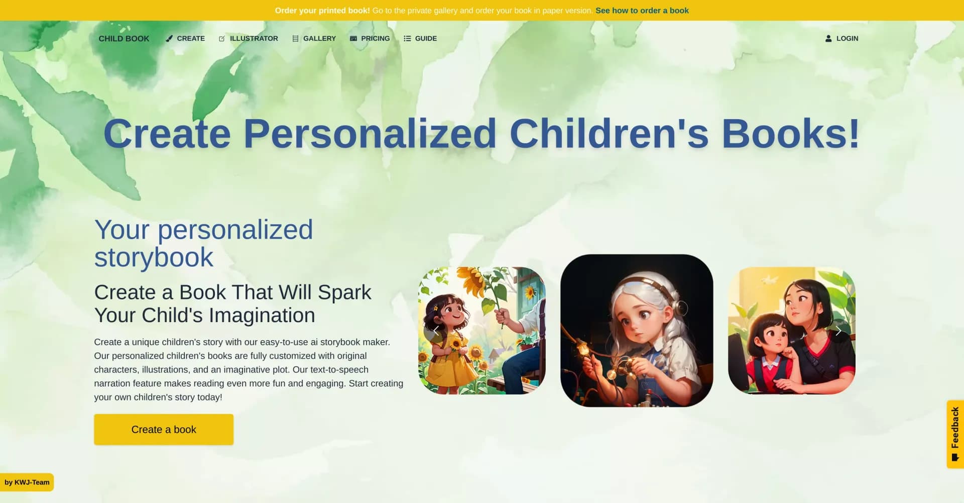 Childbook homepage screenshot — Create personalized AI children's books with custom characte