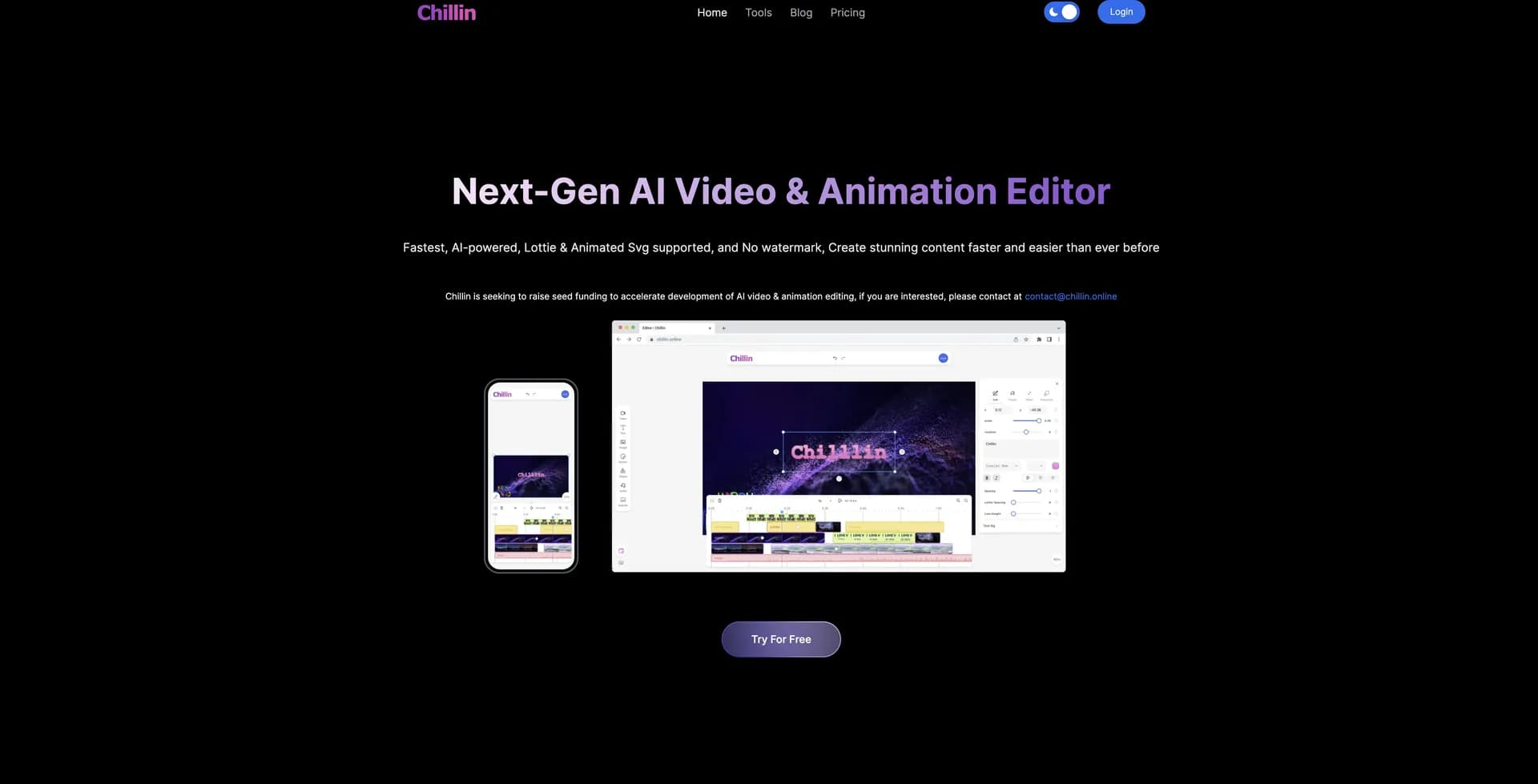Chillin homepage screenshot — Create amazing videos with AI-powered editing