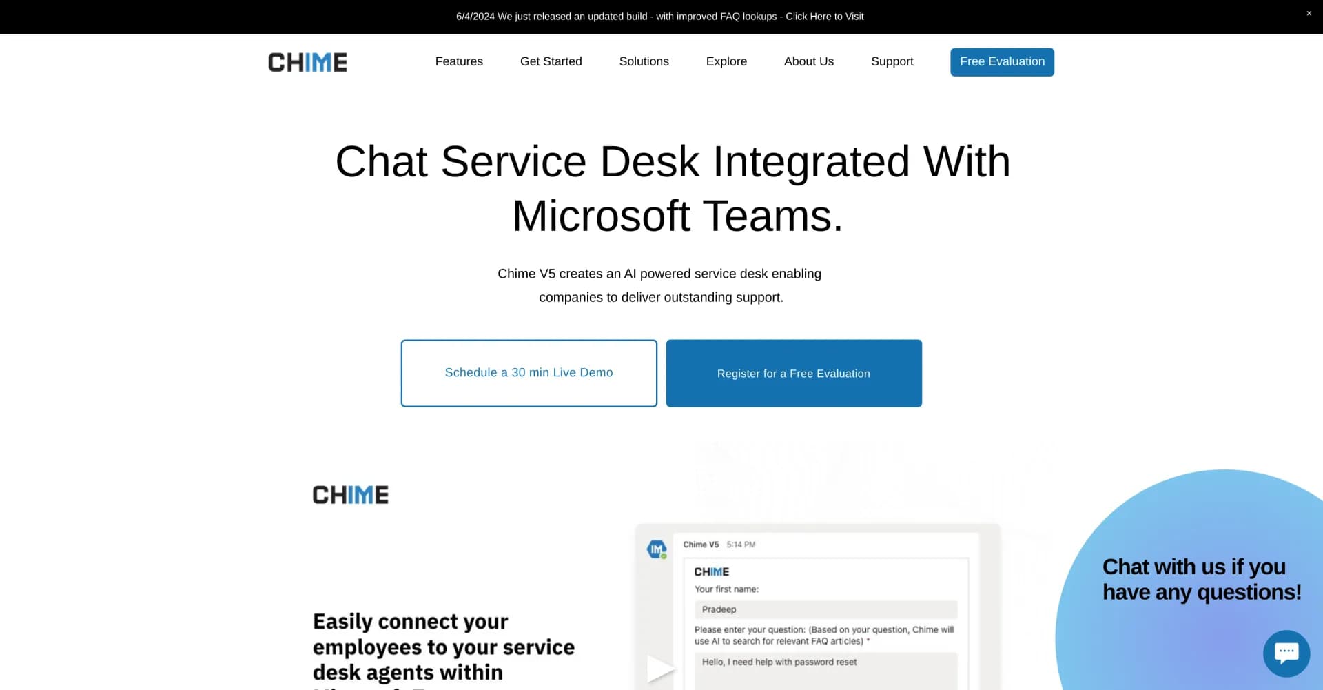 Chime V5 homepage screenshot — AI-powered chat service desk for seamless employee support.