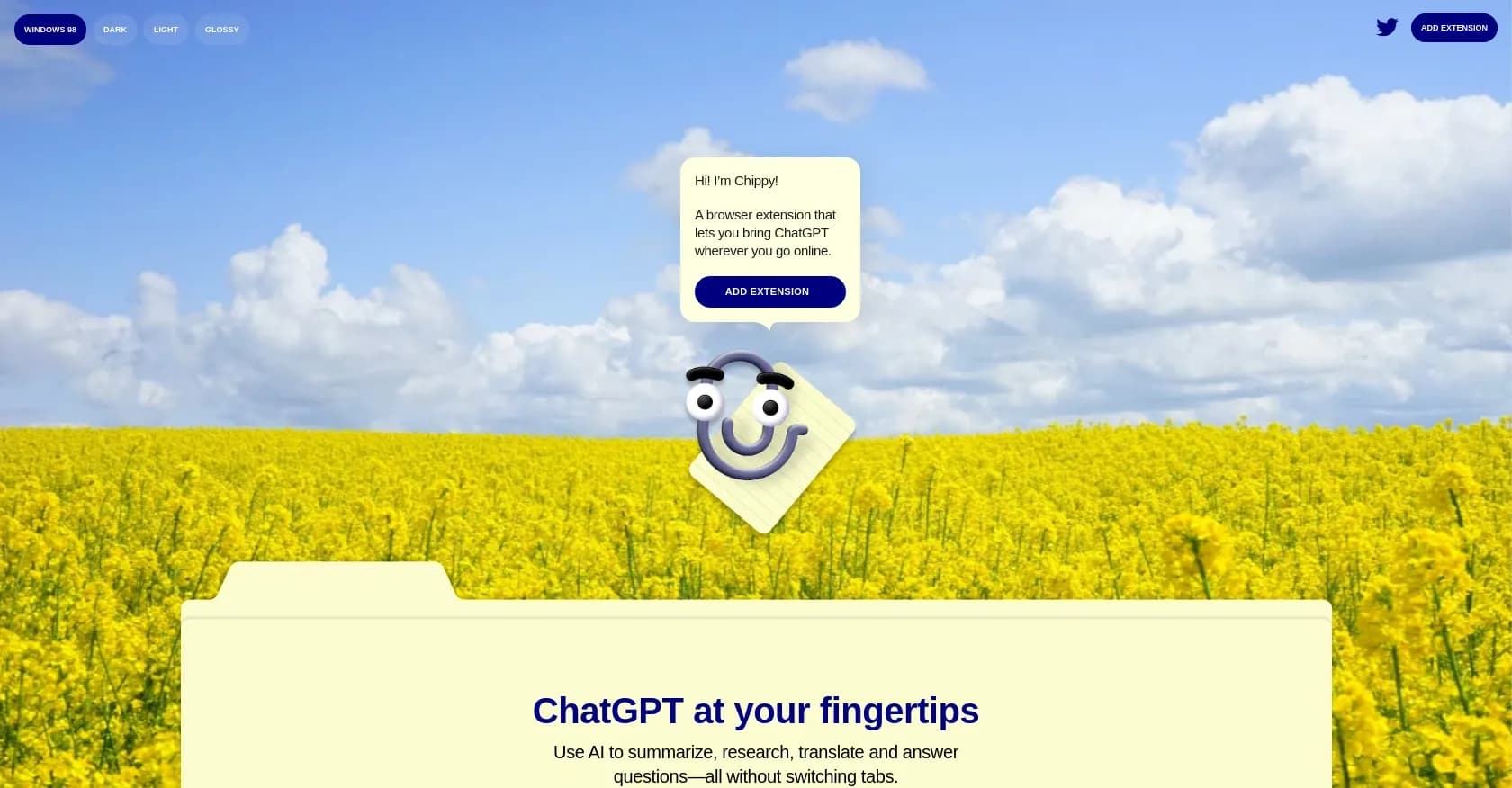 ChippyAI homepage screenshot — ChatGPT at your fingertips, everywhere online.