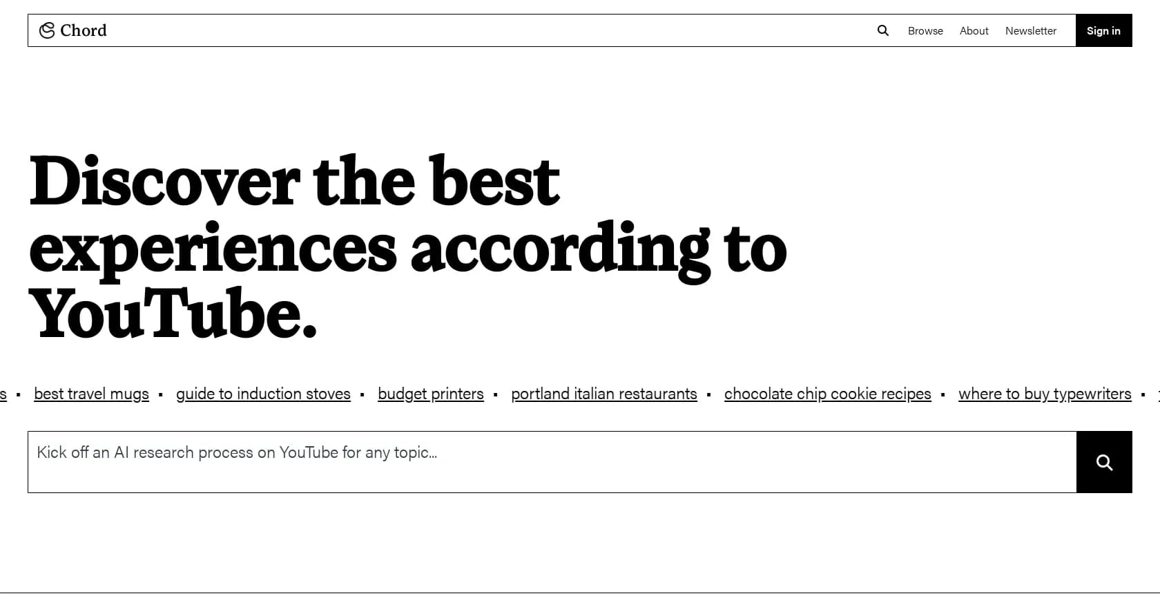 Chord.pub homepage screenshot — AI-powered transparent recommendations from YouTube