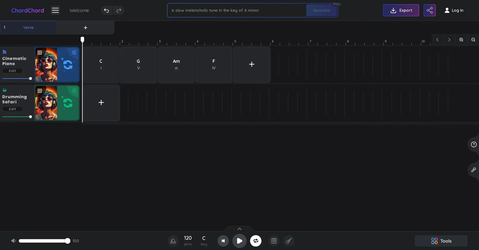 ChordChord homepage screenshot — AI-powered chord progression generator and player