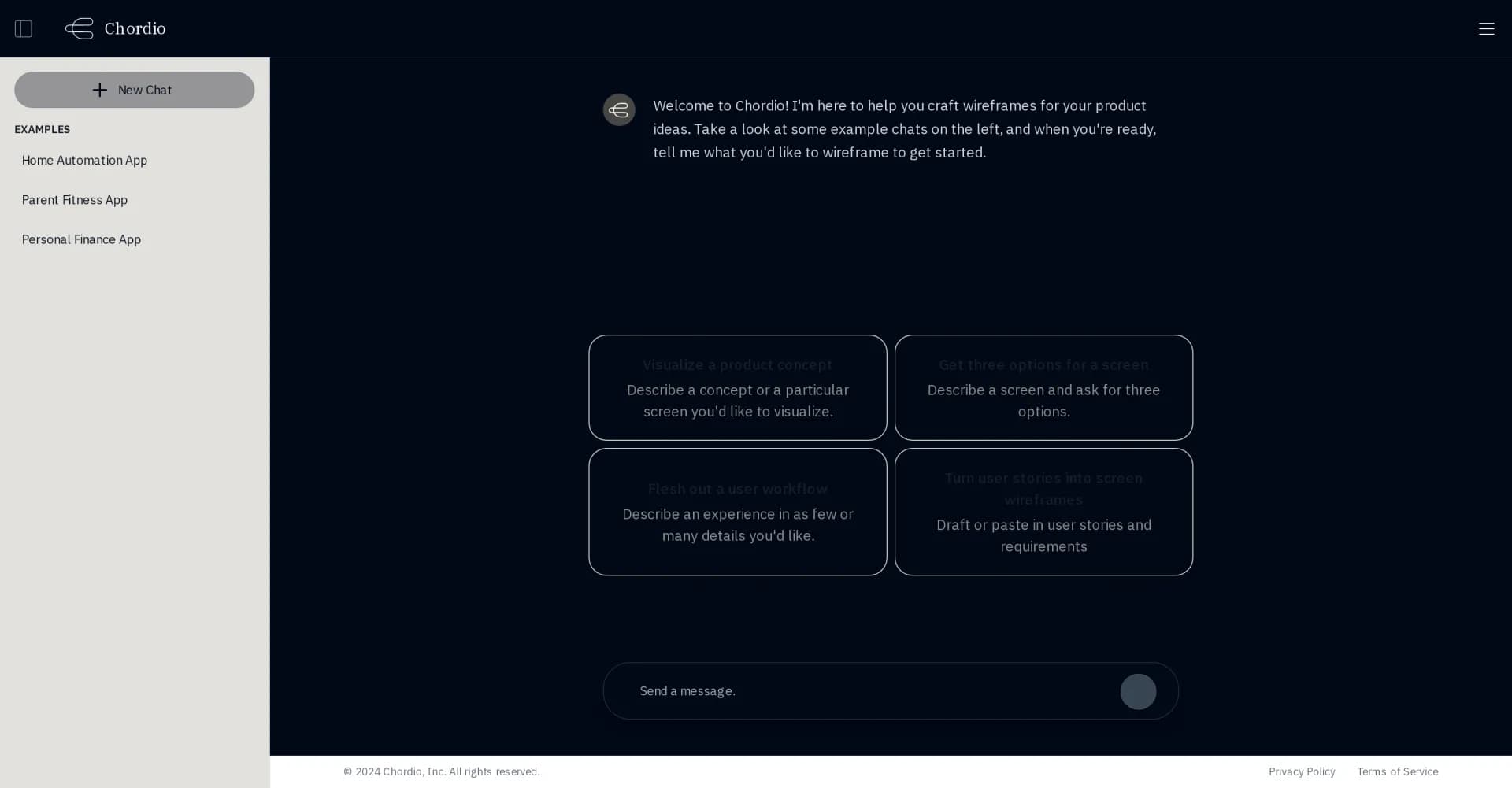Chordio Wireframes homepage screenshot — AI chatbot for instant app wireframes