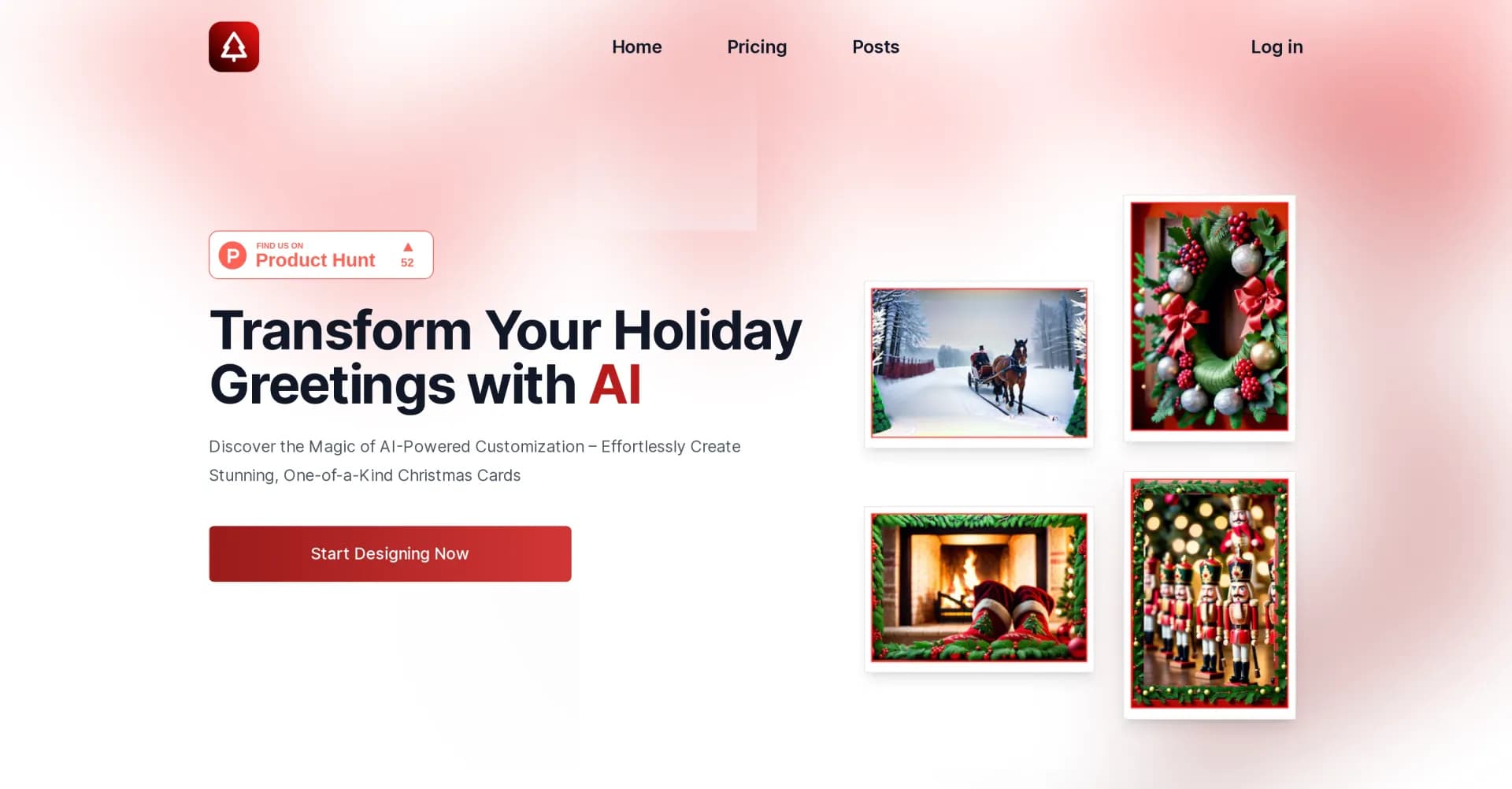 Christmas Card Factory homepage screenshot — Create unique AI-designed Christmas cards easily