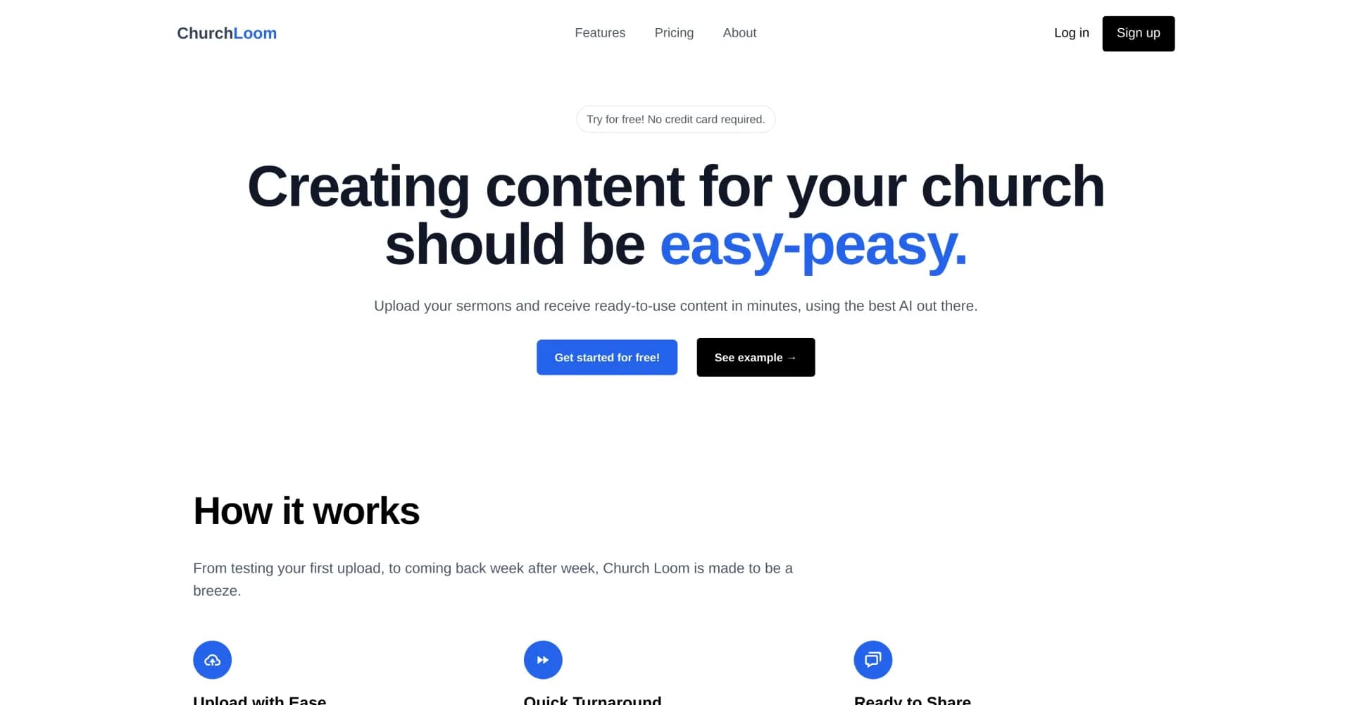 Church Loom homepage screenshot — AI-powered content creation for churches in minutes