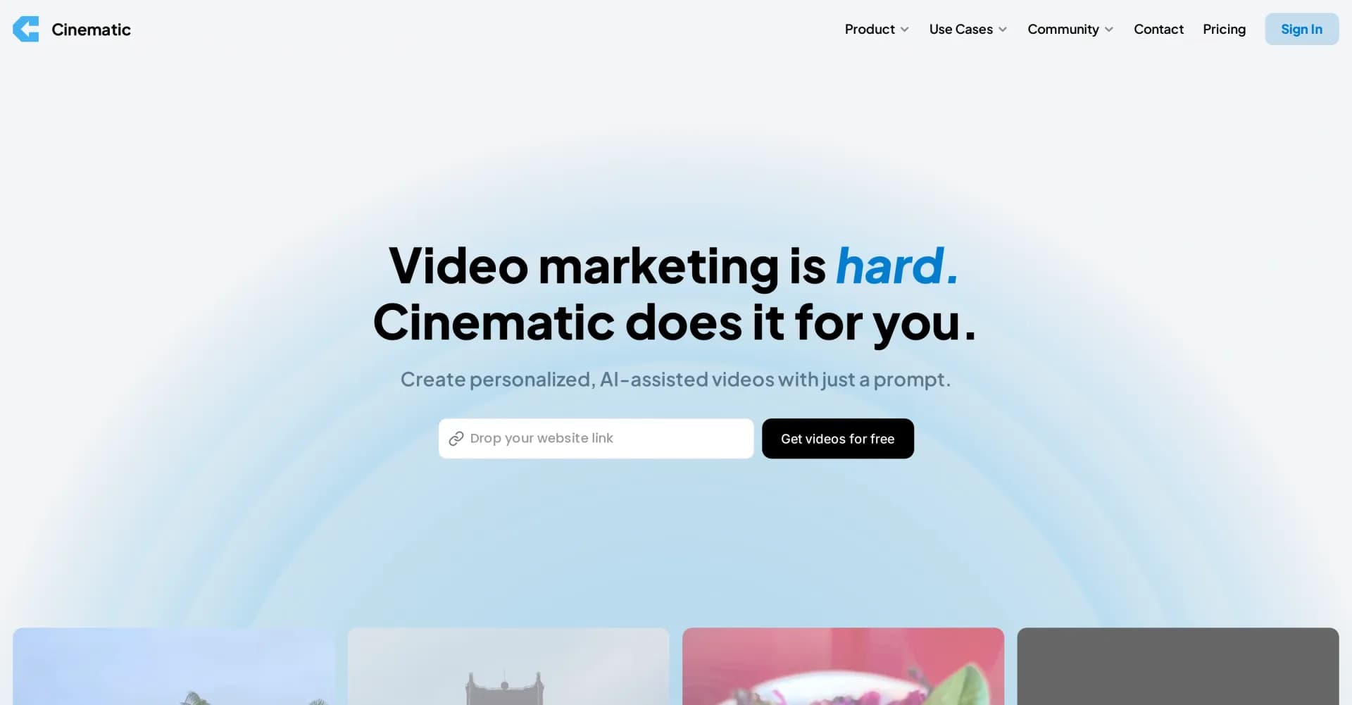Cinematic homepage screenshot — AI-powered video marketing made effortless.