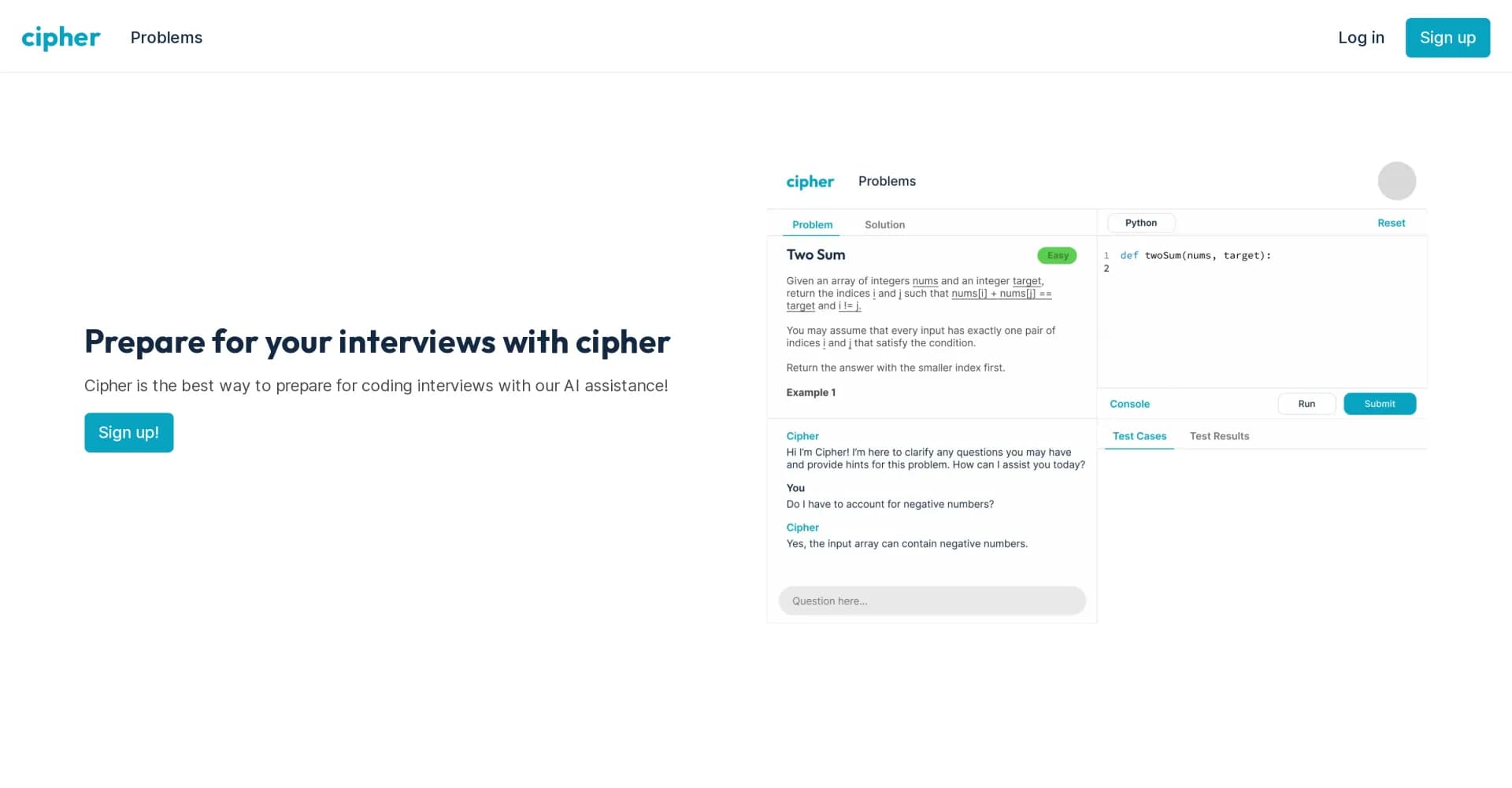 Cipher homepage screenshot — AI-powered coding interview prep
