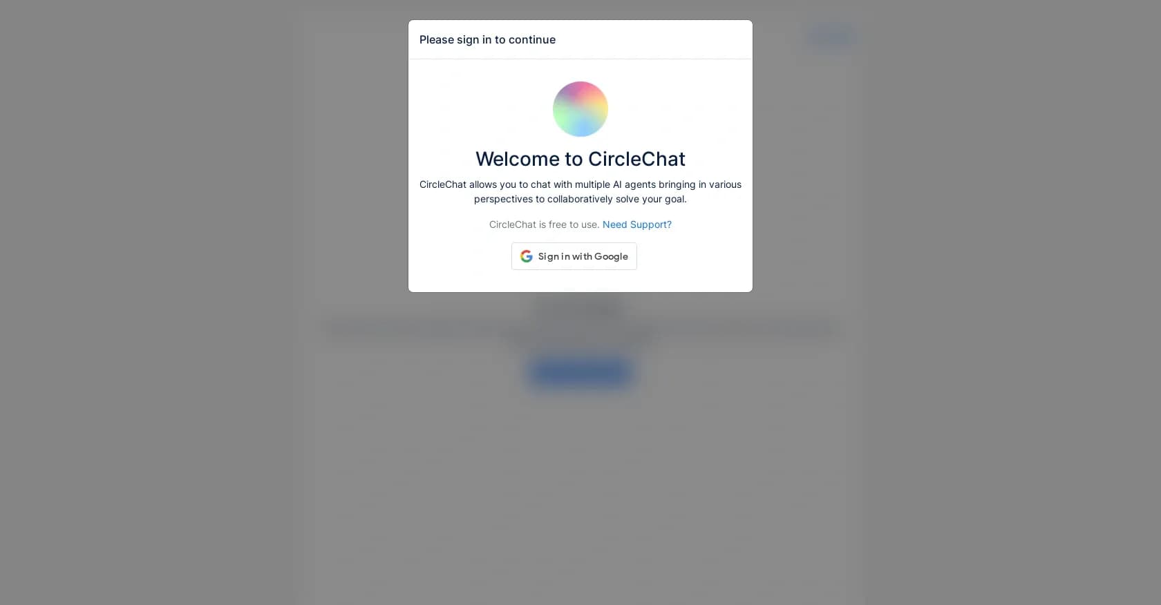 Circle Chat homepage screenshot — Collaborate with AI agents to solve your goals.