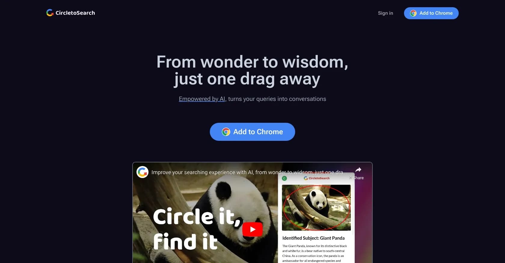 Circle to Search homepage screenshot — AI-powered web search: From wonder to wisdom in one drag.