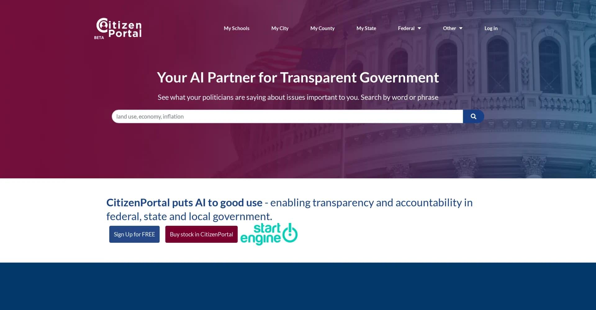 CitizenPortal homepage screenshot — Search and share your leaders' every word.