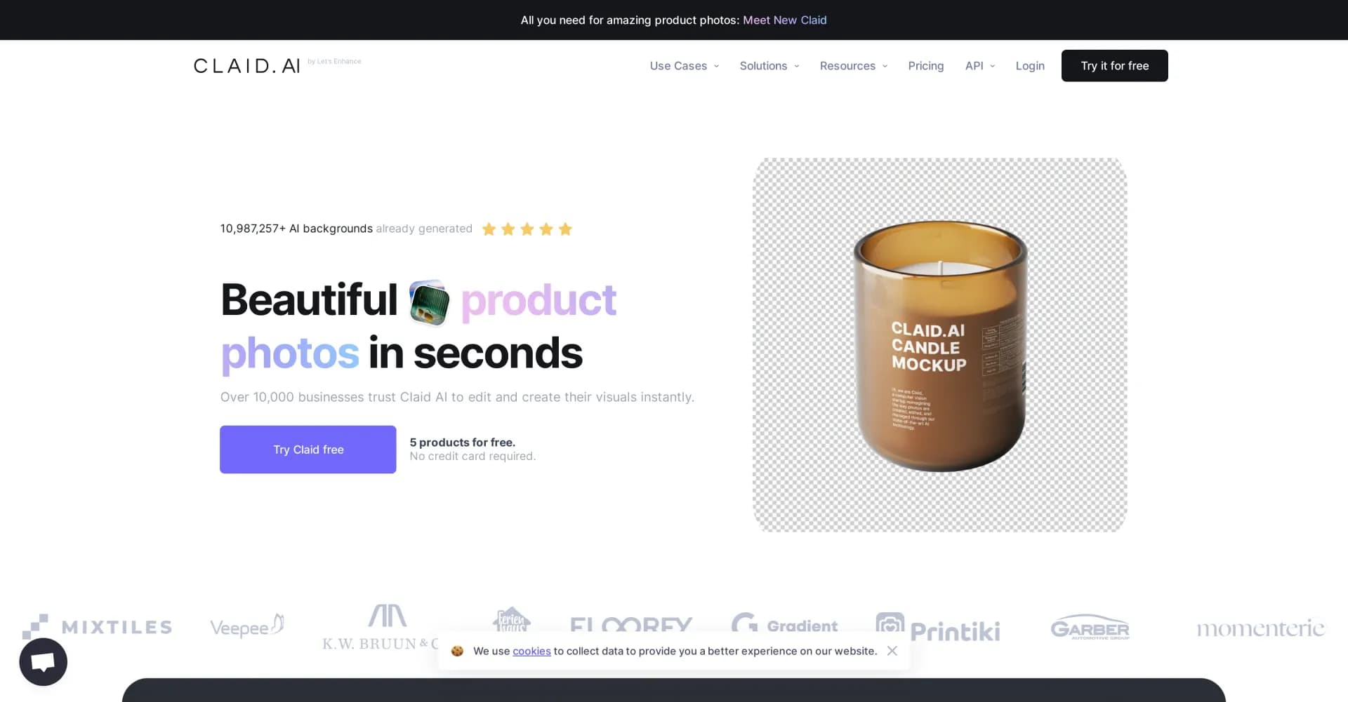 Claid.ai homepage screenshot — Beautiful AI product photos in seconds