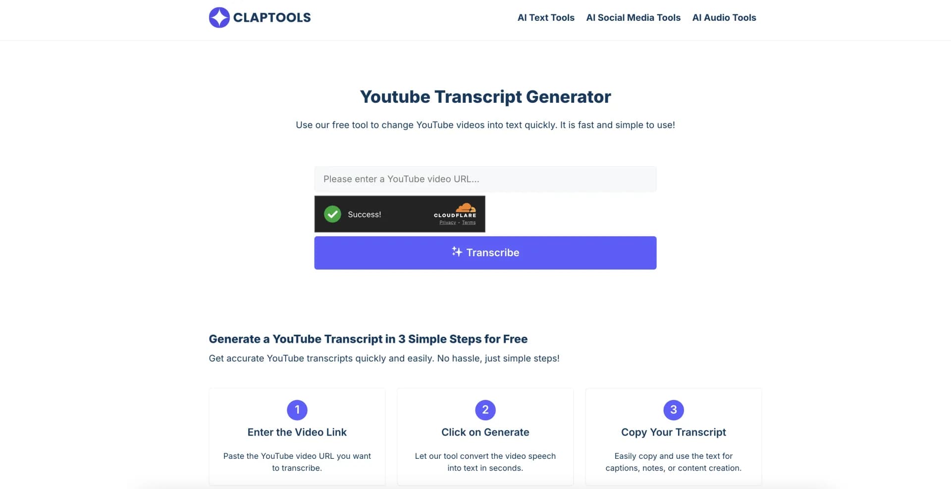 Claptools Free Youtube Transcriptor homepage screenshot — Convert YouTube videos to text fast and free